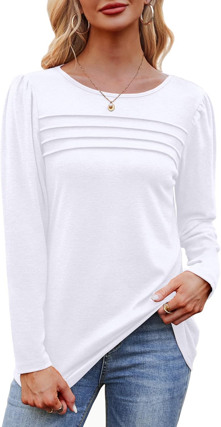 Long Sleeve Shirts for Women Dressy Casual Blouses Trendy Pleated Tunic Tops - Picture 28 of 144