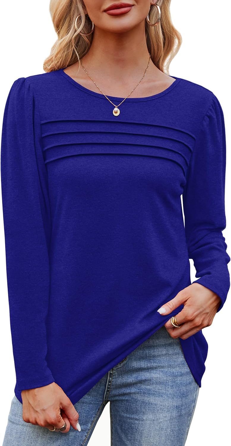 Long Sleeve Shirts for Women Dressy Casual Blouses Trendy Pleated Tunic Tops - Picture 33 of 144