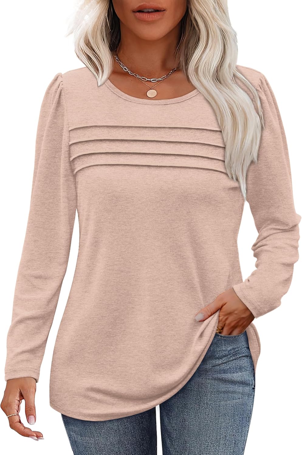 Long Sleeve Shirts for Women Dressy Casual Blouses Trendy Pleated Tunic Tops - Picture 35 of 144