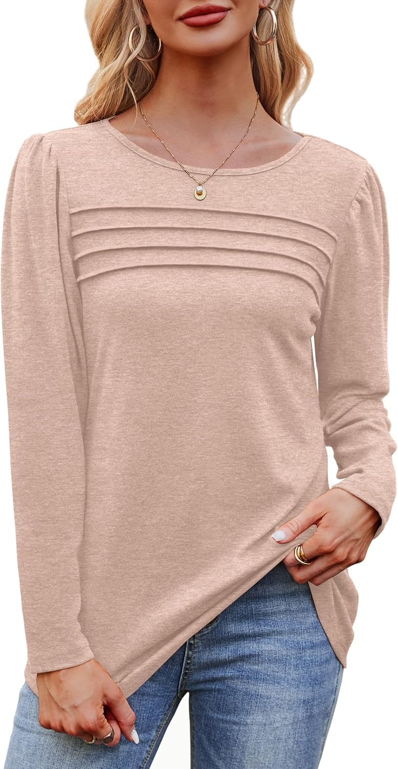 Long Sleeve Shirts for Women Dressy Casual Blouses Trendy Pleated Tunic Tops - Picture 38 of 144