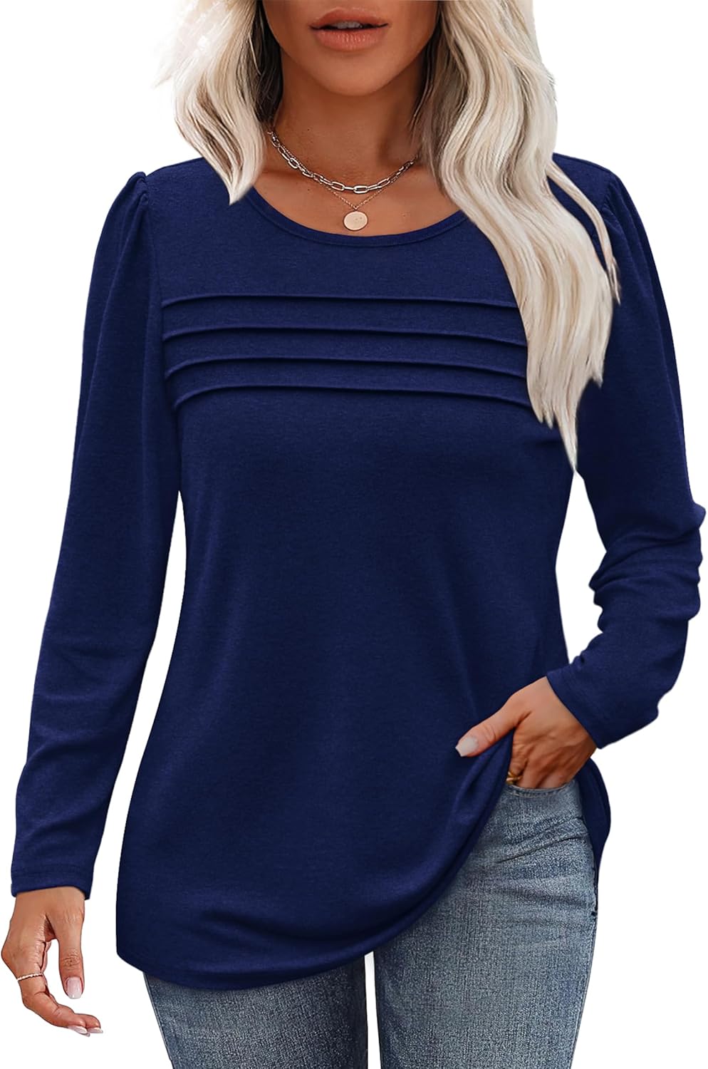 Long Sleeve Shirts for Women Dressy Casual Blouses Trendy Pleated Tunic Tops - Picture 40 of 144