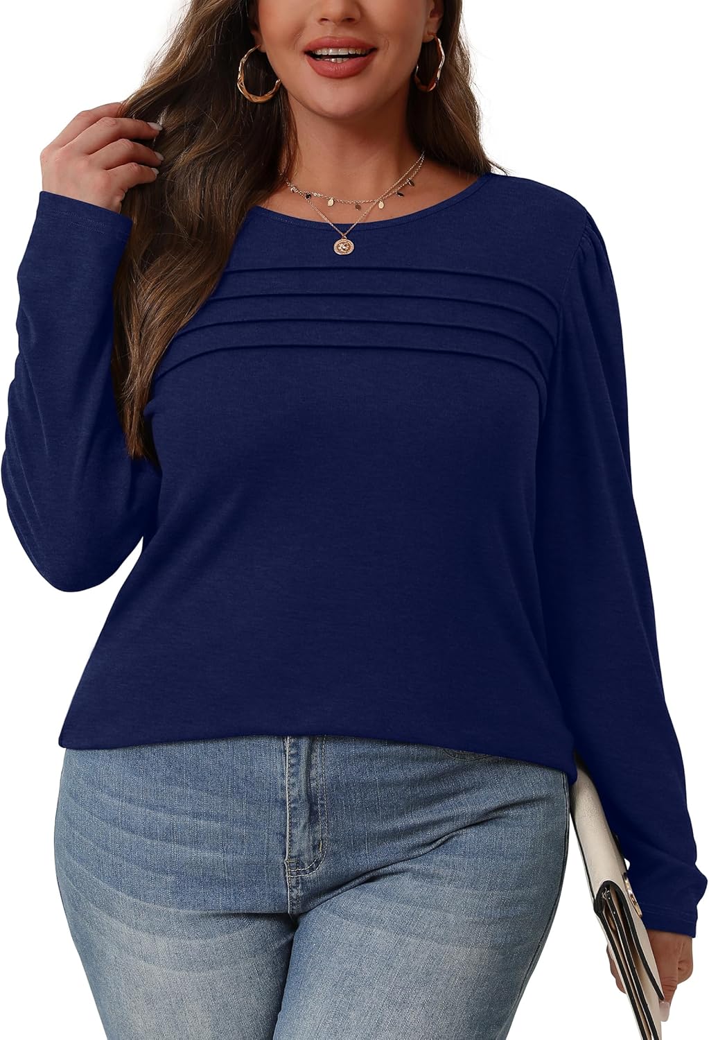 Long Sleeve Shirts for Women Dressy Casual Blouses Trendy Pleated Tunic Tops - Picture 42 of 144