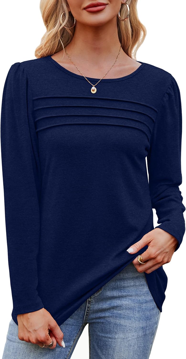 Long Sleeve Shirts for Women Dressy Casual Blouses Trendy Pleated Tunic Tops - Picture 43 of 144