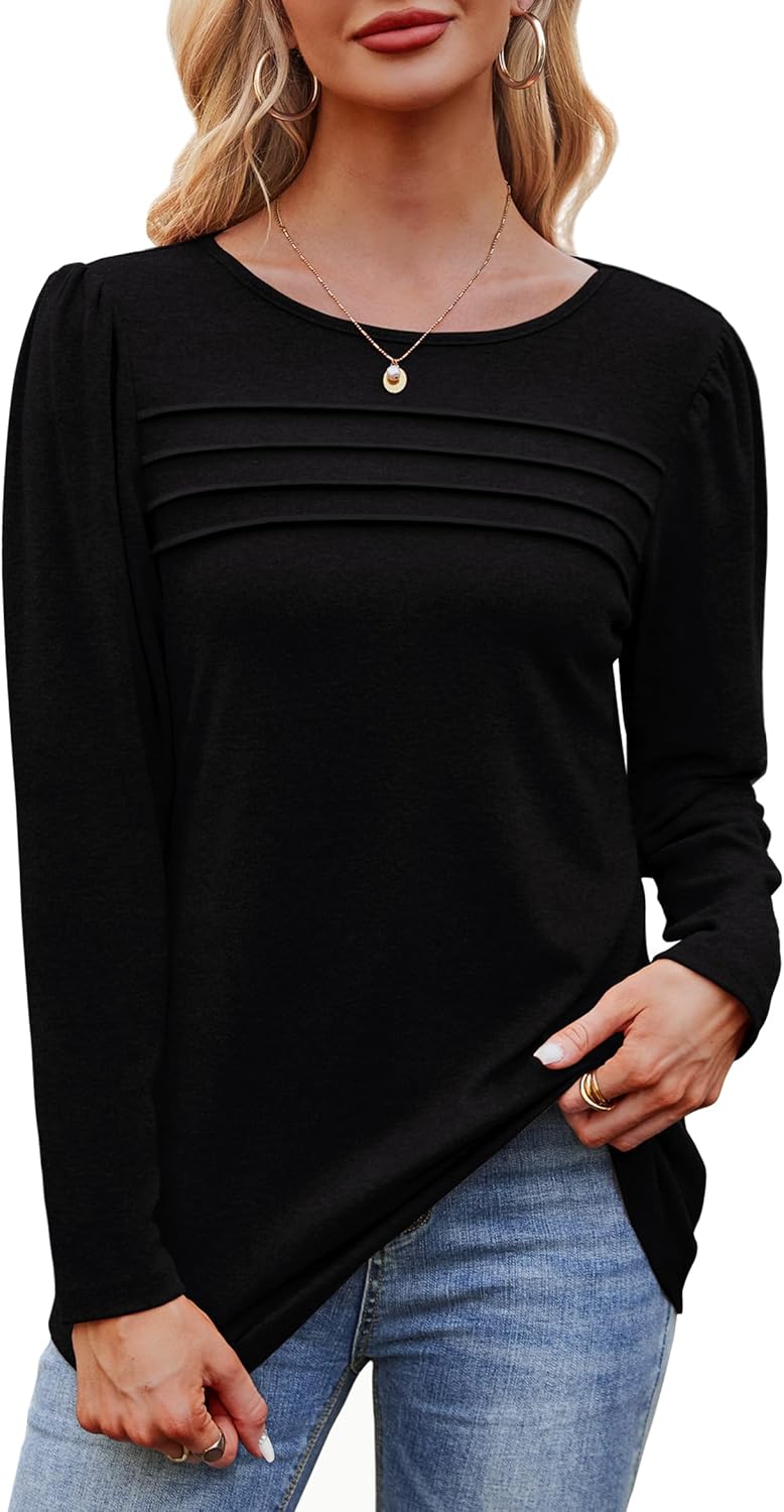 Long Sleeve Shirts for Women Dressy Casual Blouses Trendy Pleated Tunic Tops - Picture 48 of 144