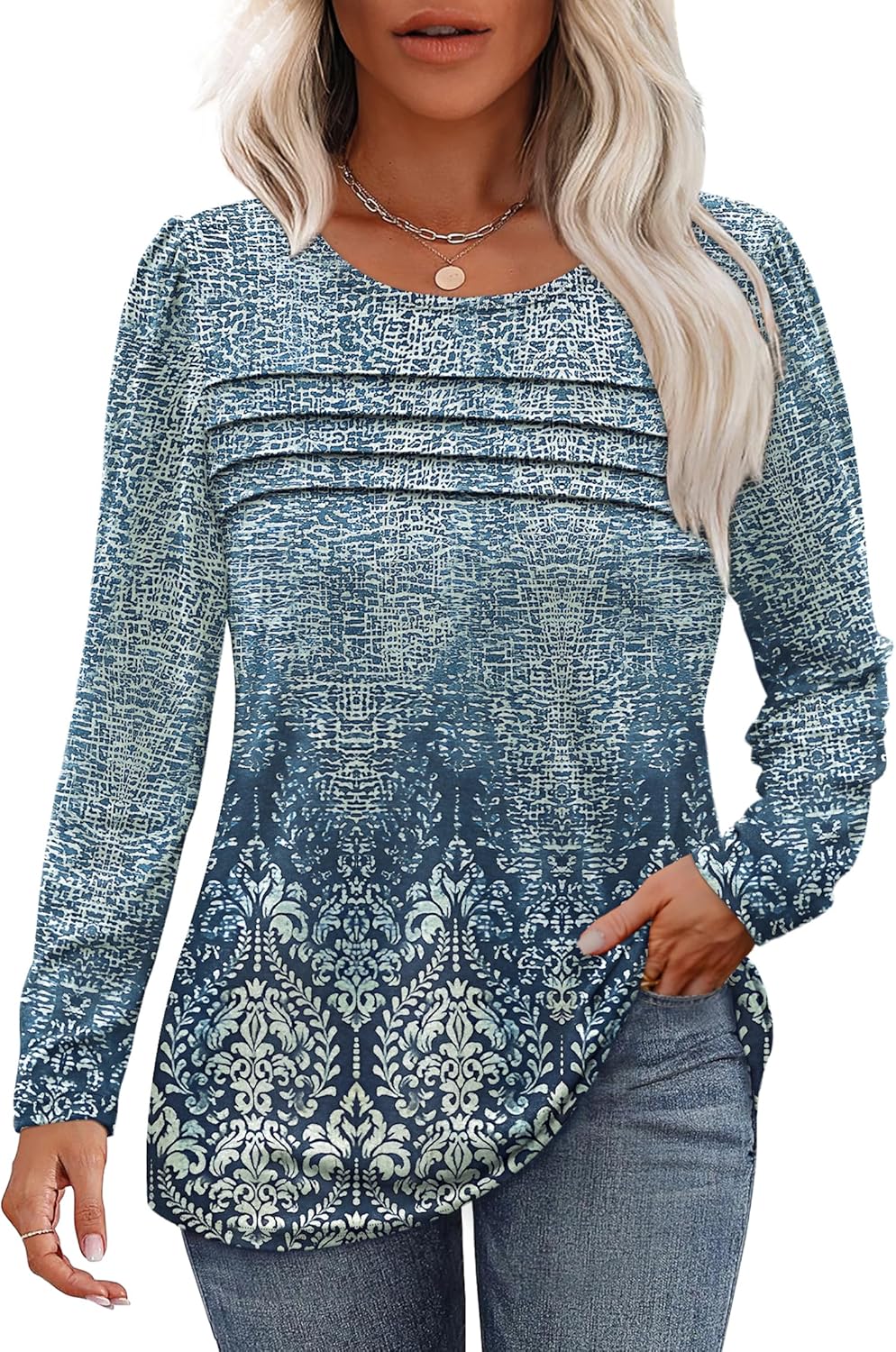 Long Sleeve Shirts for Women Dressy Casual Blouses Trendy Pleated Tunic Tops - Picture 50 of 144