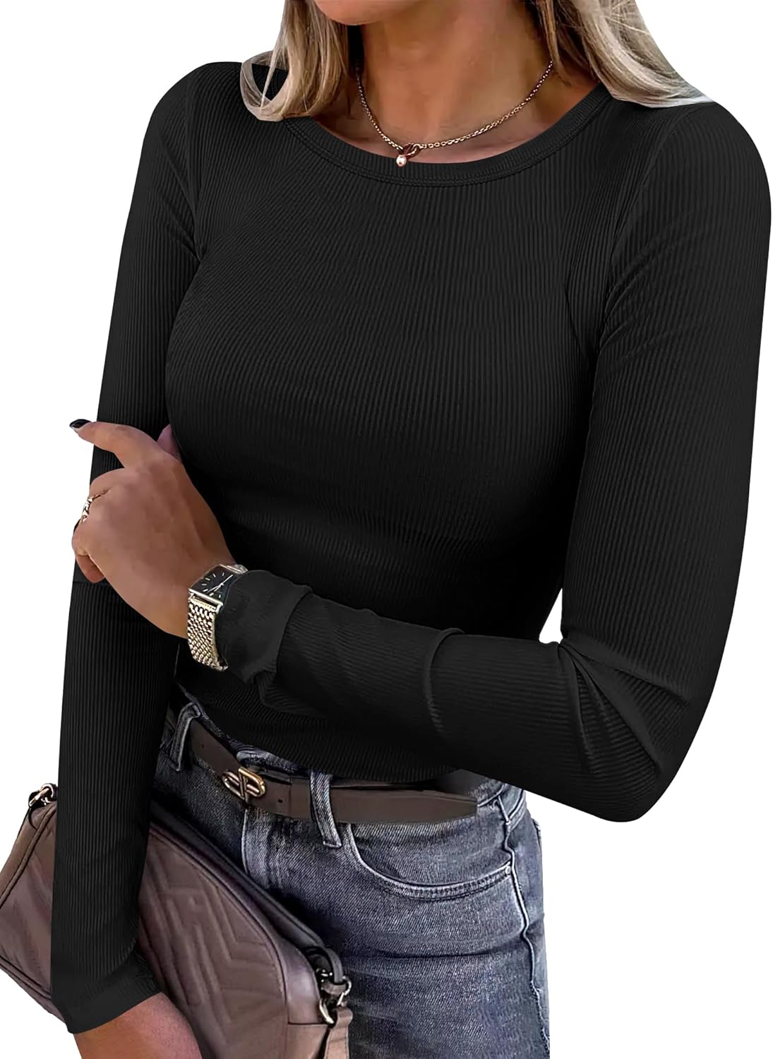 Women Long Sleeve Crewneck Rib Knit Slim Shirts Basic Tops Casual T-Shirt - Picture 24 of 45