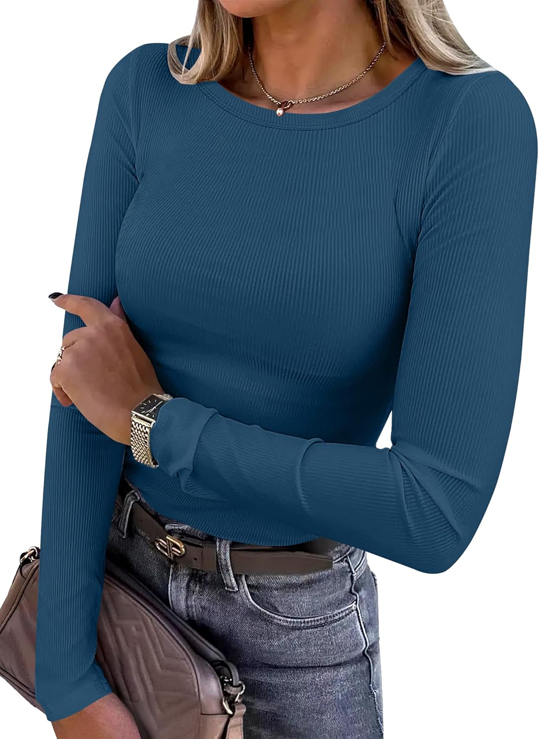 Women Long Sleeve Crewneck Rib Knit Slim Shirts Basic Tops Casual T-Shirt - Picture 25 of 45