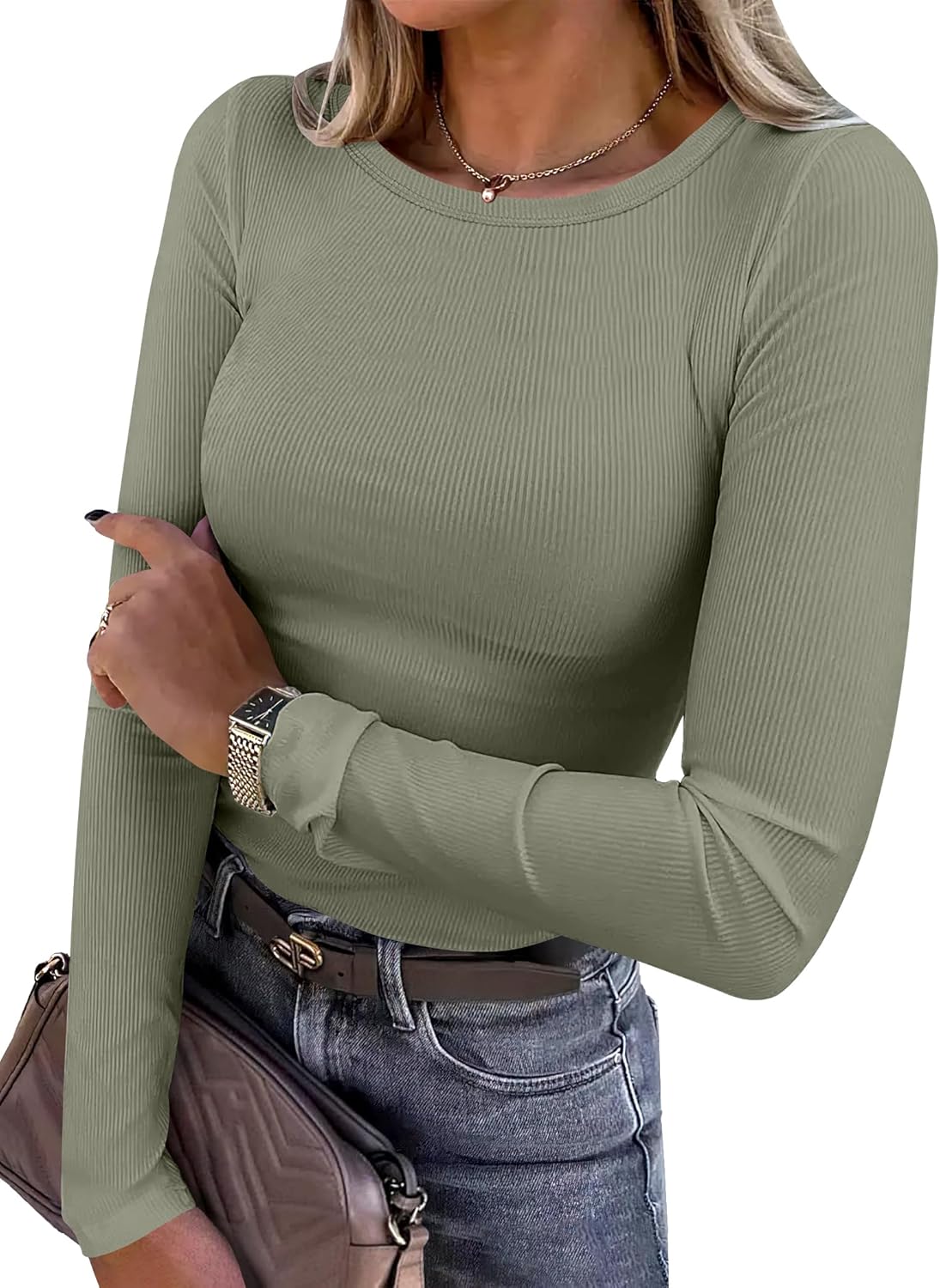 Women Long Sleeve Crewneck Rib Knit Slim Shirts Basic Tops Casual T-Shirt - Picture 26 of 45