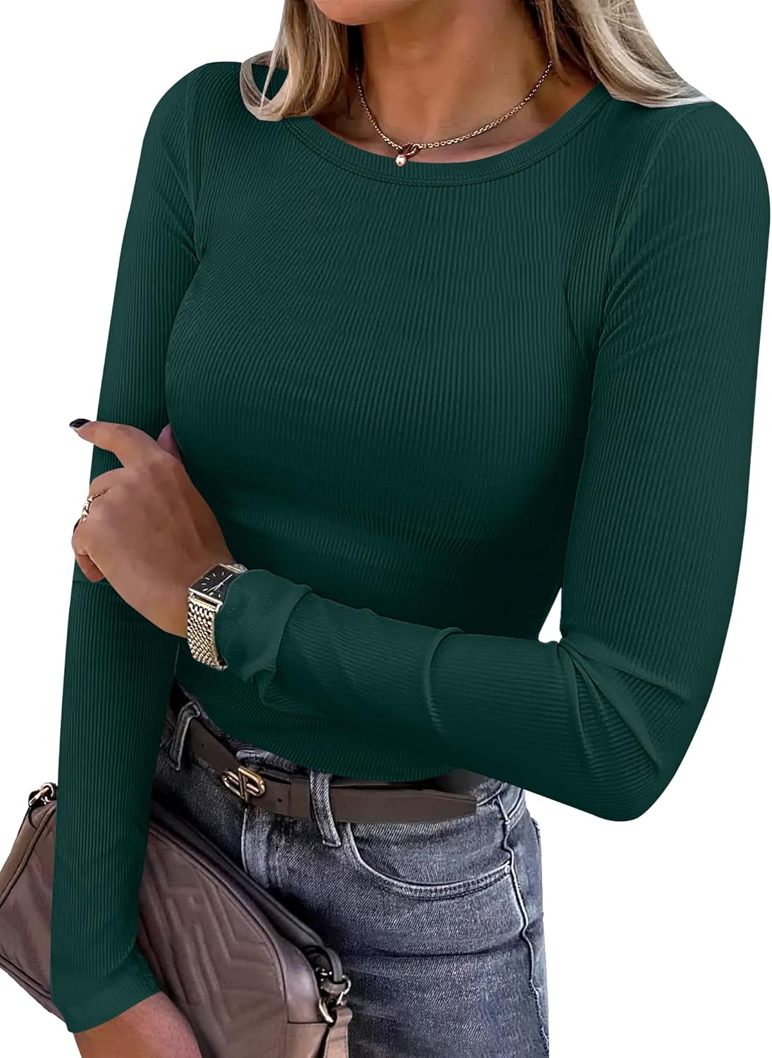 Women Long Sleeve Crewneck Rib Knit Slim Shirts Basic Tops Casual T-Shirt - Picture 30 of 45
