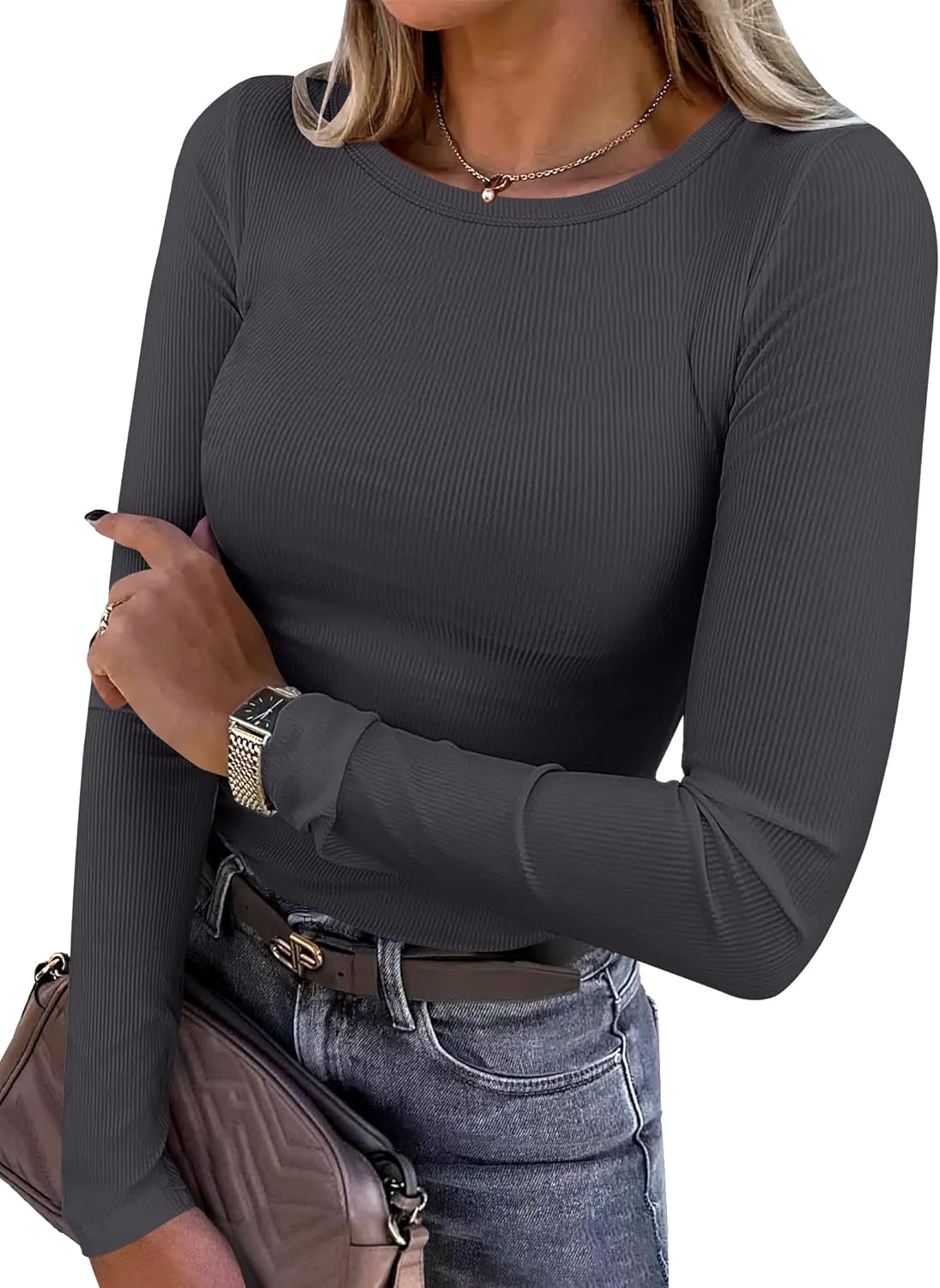 Women Long Sleeve Crewneck Rib Knit Slim Shirts Basic Tops Casual T-Shirt - Picture 32 of 45