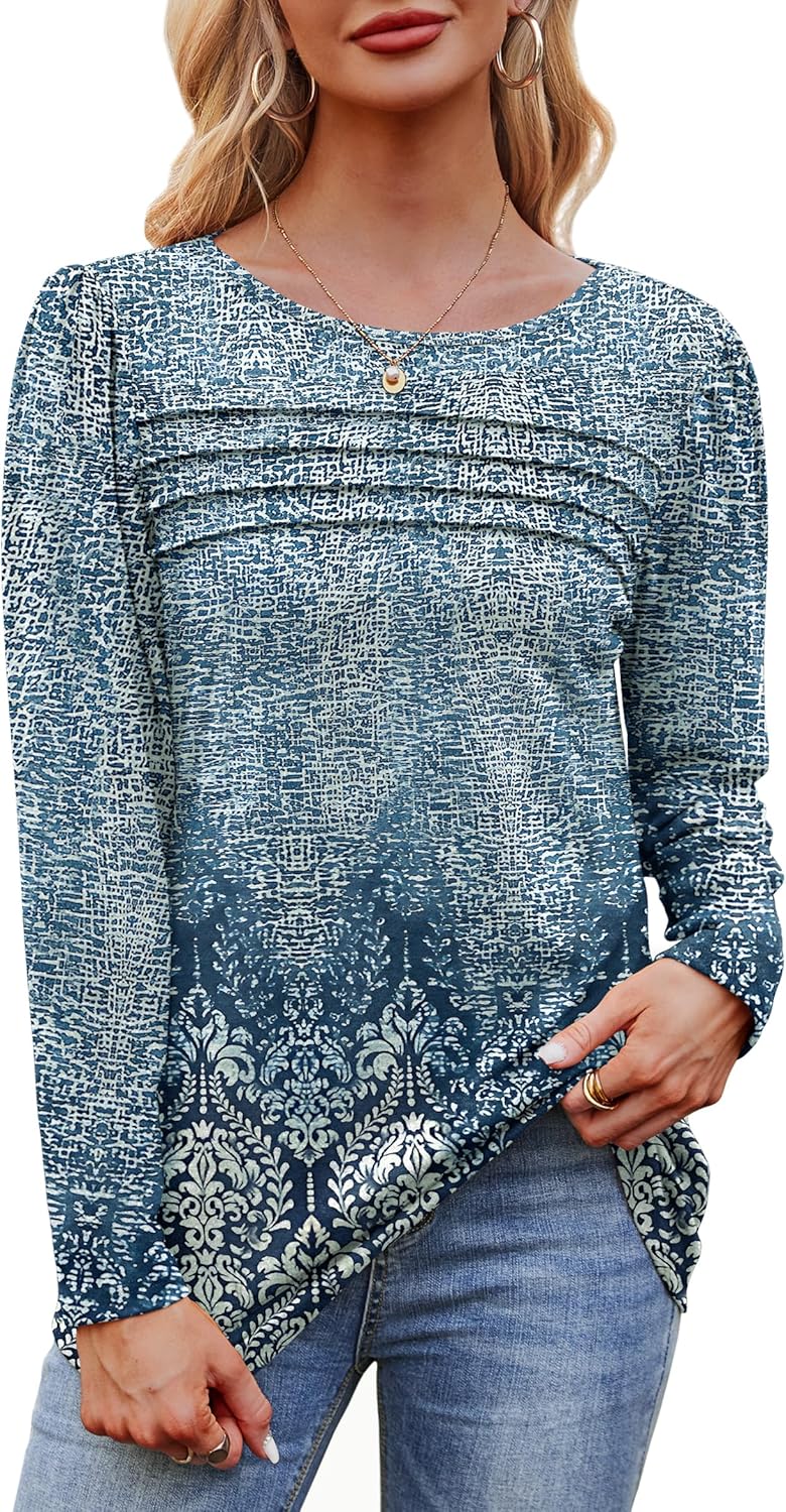 Long Sleeve Shirts for Women Dressy Casual Blouses Trendy Pleated Tunic Tops - Picture 53 of 144