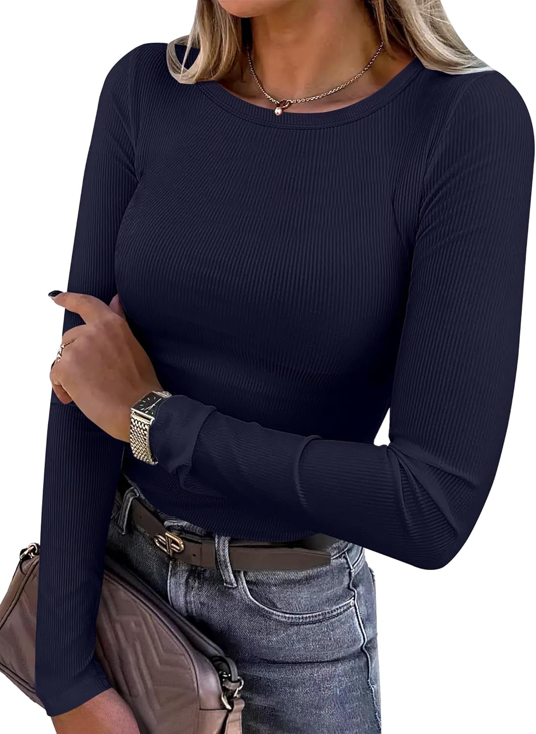 Women Long Sleeve Crewneck Rib Knit Slim Shirts Basic Tops Casual T-Shirt - Picture 36 of 45