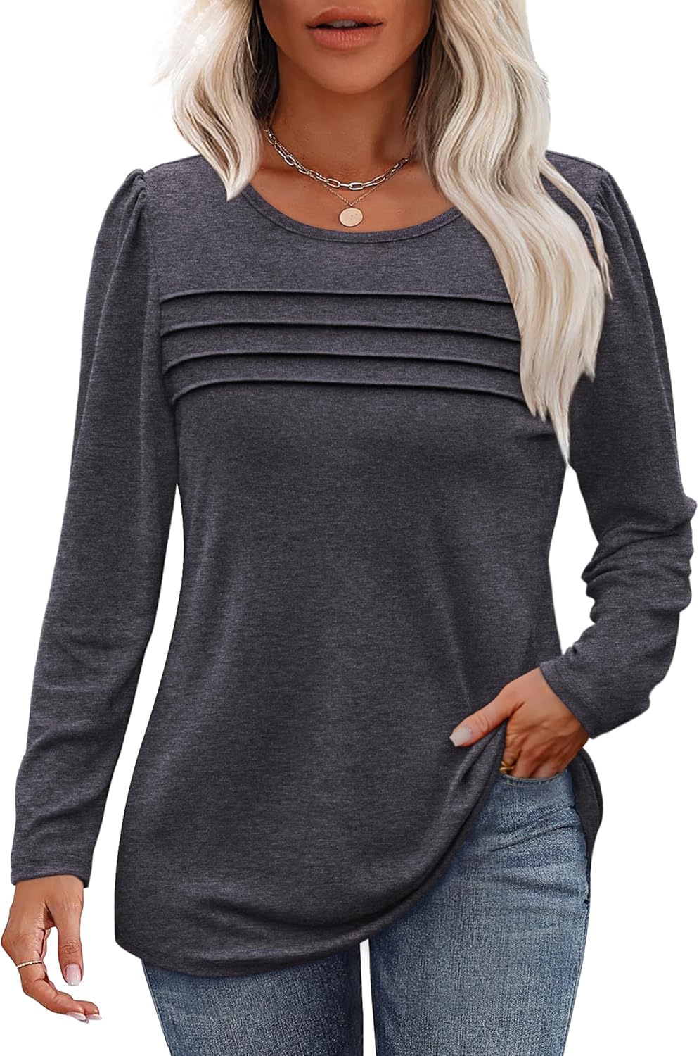 Long Sleeve Shirts for Women Dressy Casual Blouses Trendy Pleated Tunic Tops - Picture 55 of 144