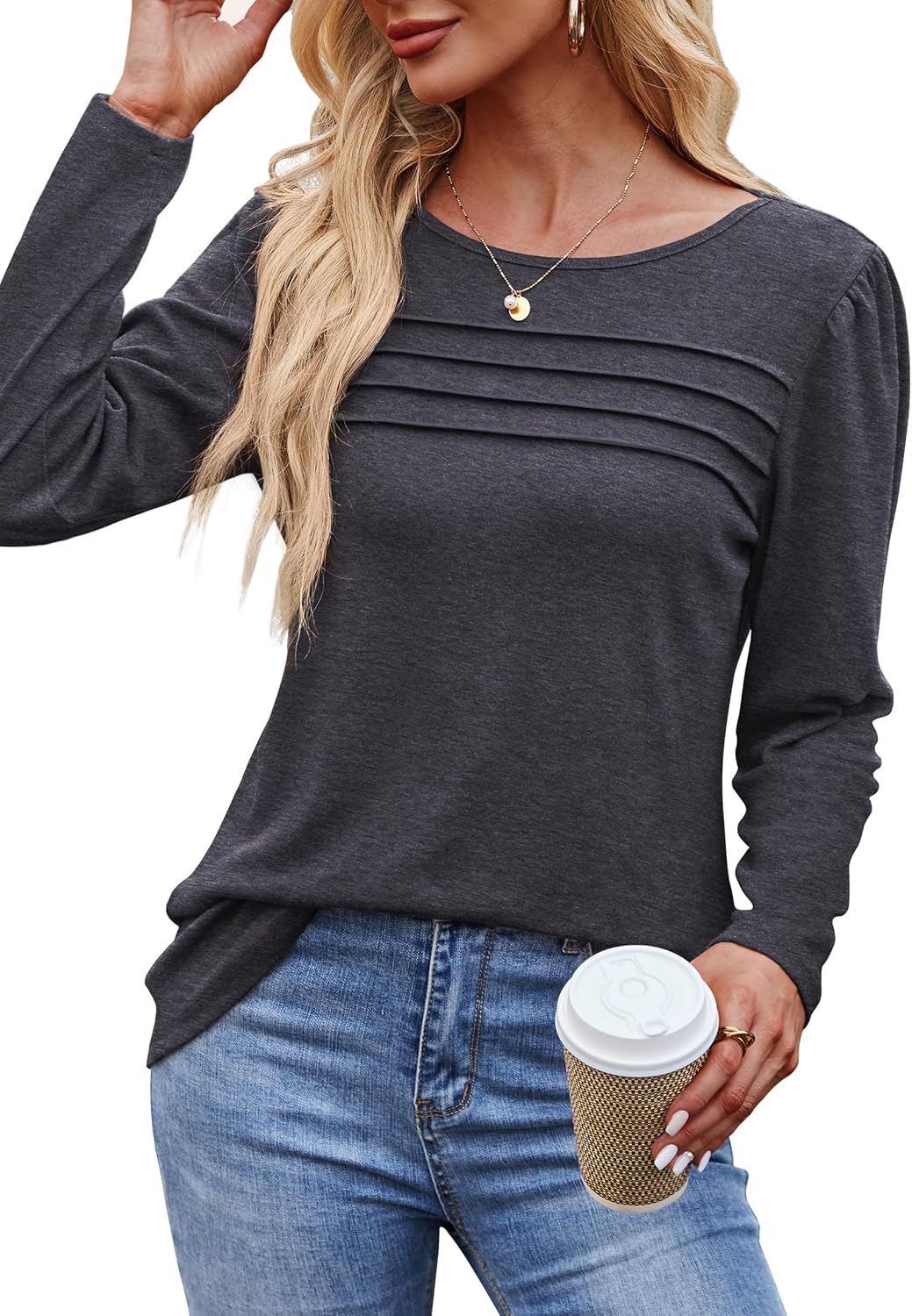 Long Sleeve Shirts for Women Dressy Casual Blouses Trendy Pleated Tunic Tops - Picture 56 of 144