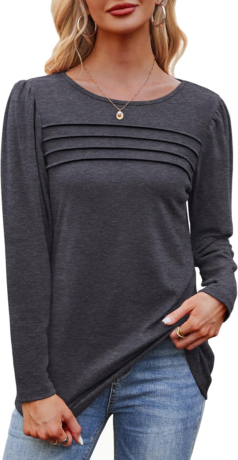 Long Sleeve Shirts for Women Dressy Casual Blouses Trendy Pleated Tunic Tops - Picture 58 of 144