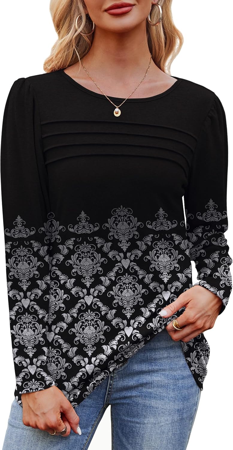 Long Sleeve Shirts for Women Dressy Casual Blouses Trendy Pleated Tunic Tops - Picture 63 of 144