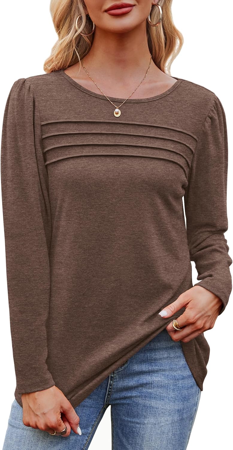 Long Sleeve Shirts for Women Dressy Casual Blouses Trendy Pleated Tunic Tops - Picture 68 of 144