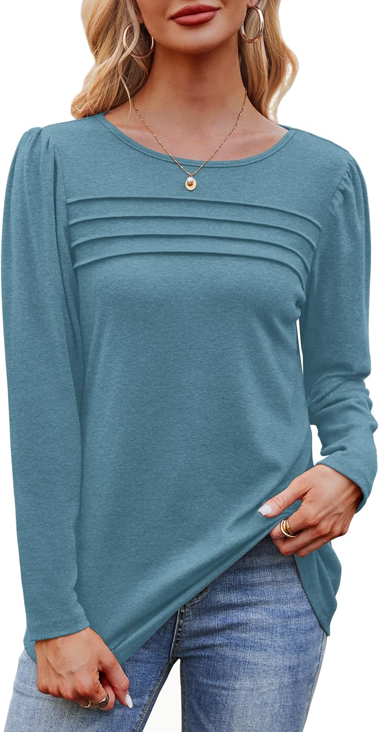 Long Sleeve Shirts for Women Dressy Casual Blouses Trendy Pleated Tunic Tops - Picture 73 of 144