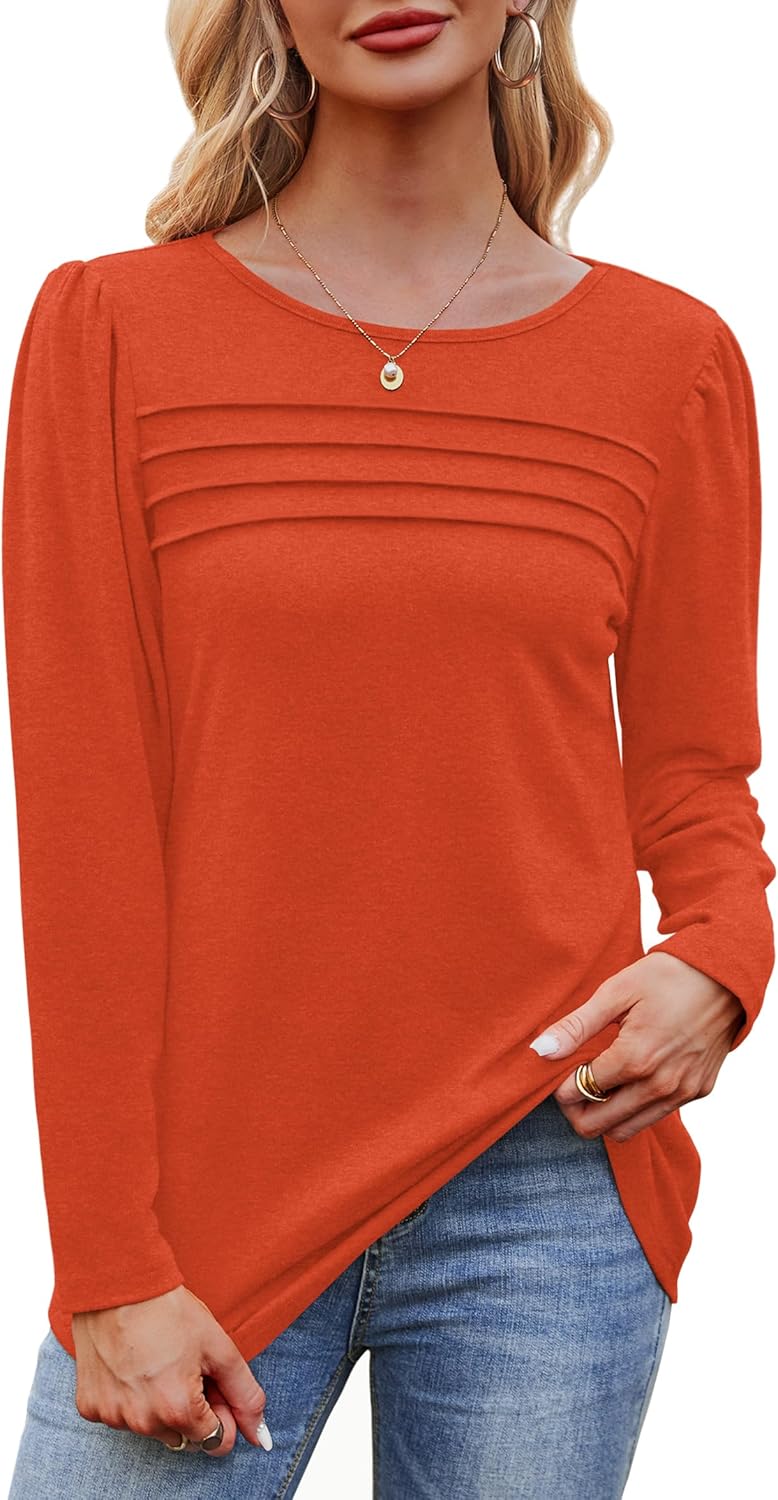 Long Sleeve Shirts for Women Dressy Casual Blouses Trendy Pleated Tunic Tops - Picture 78 of 144