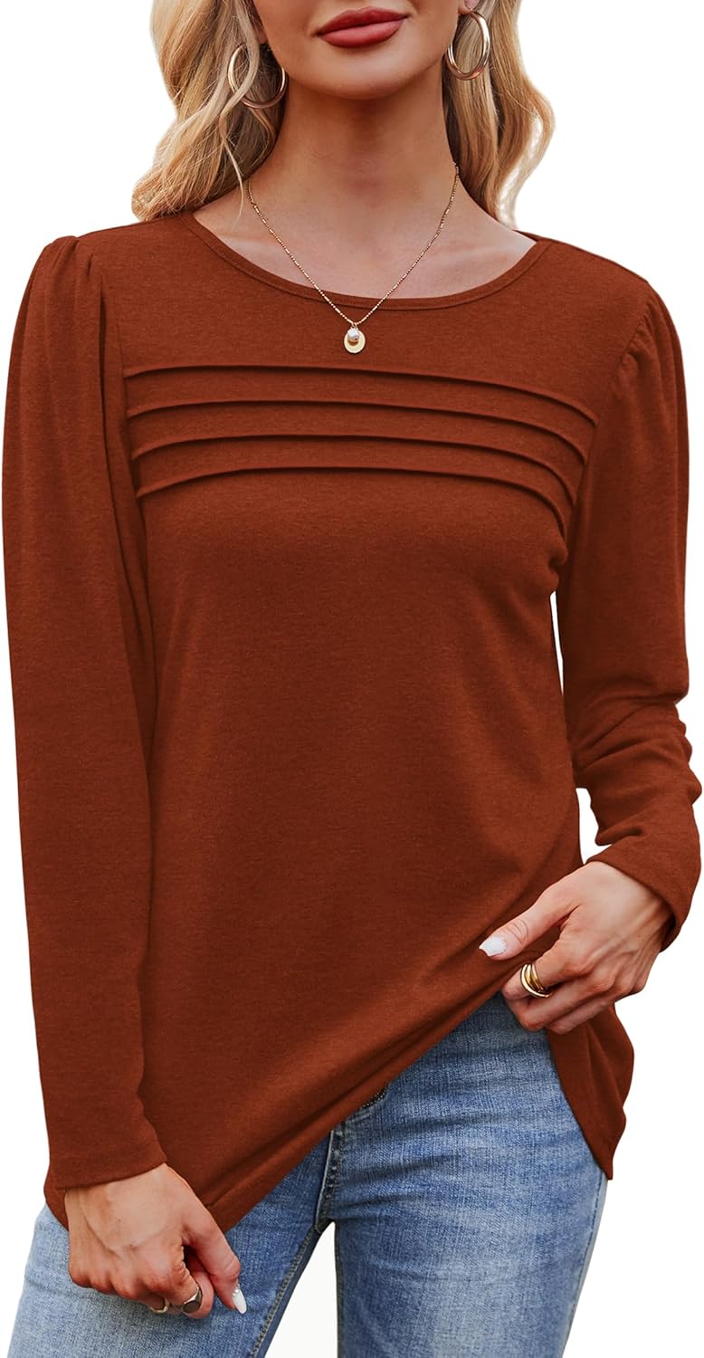 Long Sleeve Shirts for Women Dressy Casual Blouses Trendy Pleated Tunic Tops - Picture 83 of 144