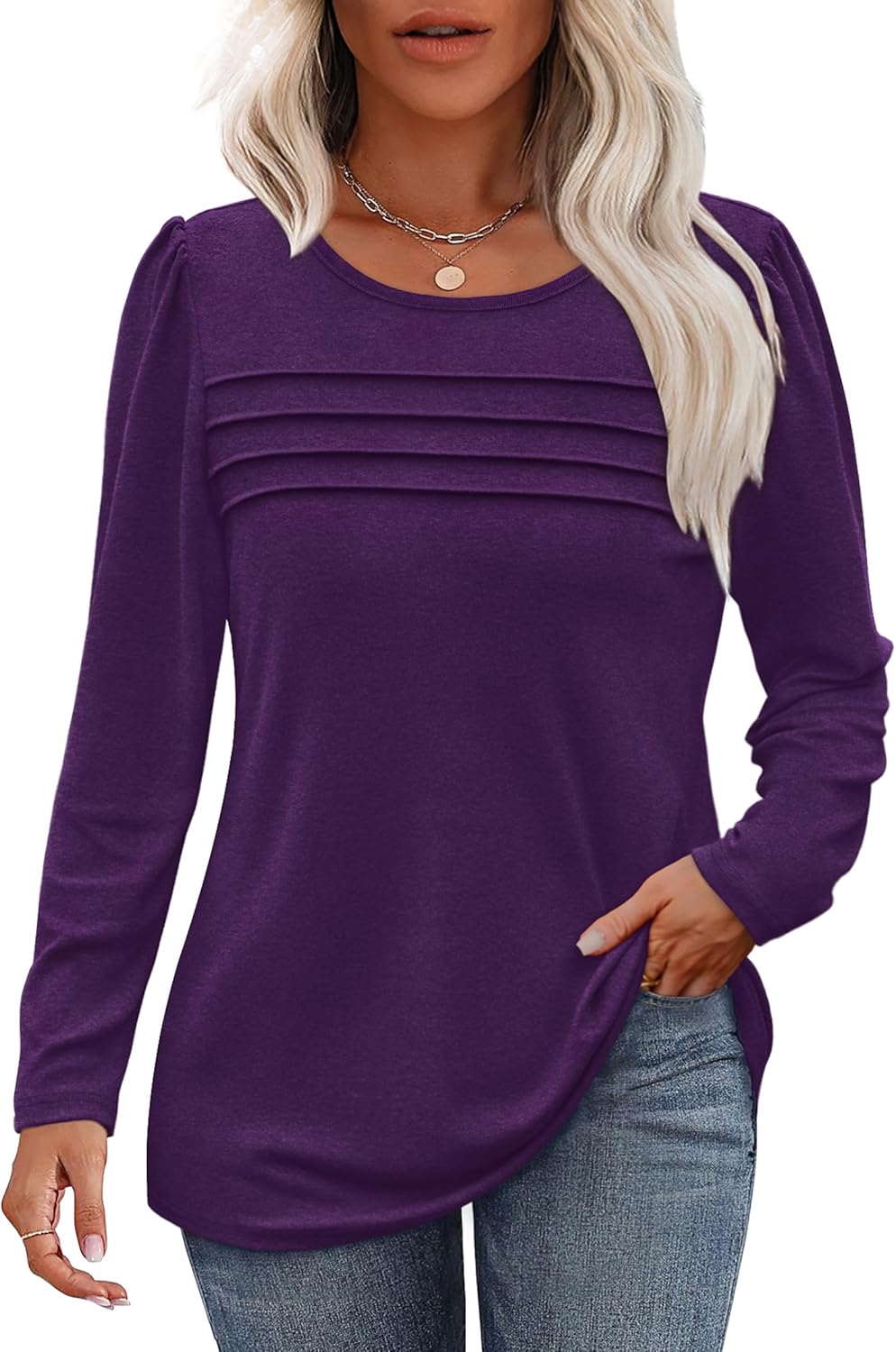 Long Sleeve Shirts for Women Dressy Casual Blouses Trendy Pleated Tunic Tops - Picture 85 of 144