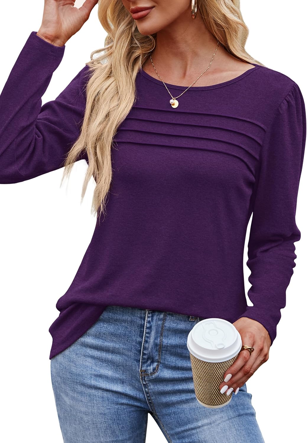Long Sleeve Shirts for Women Dressy Casual Blouses Trendy Pleated Tunic Tops - Picture 86 of 144