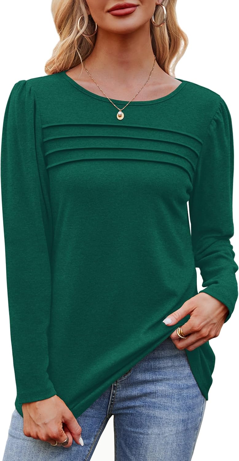 Long Sleeve Shirts for Women Dressy Casual Blouses Trendy Pleated Tunic Tops - Picture 93 of 144
