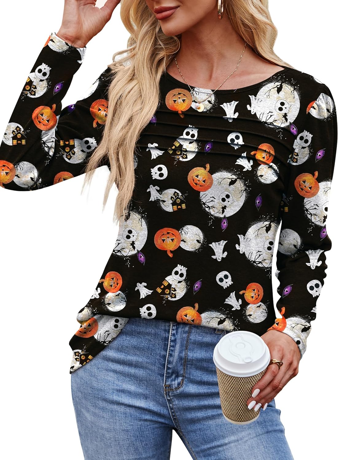 Long Sleeve Shirts for Women Dressy Casual Blouses Trendy Pleated Tunic Tops - Picture 96 of 144