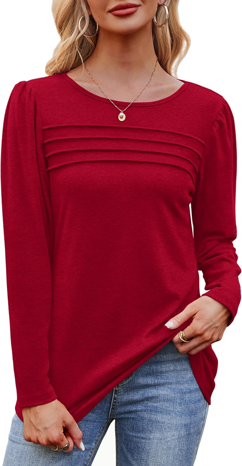 Long Sleeve Shirts for Women Dressy Casual Blouses Trendy Pleated Tunic Tops - Picture 103 of 144