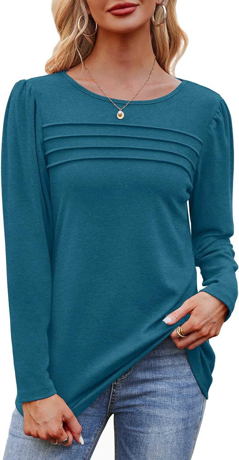 Long Sleeve Shirts for Women Dressy Casual Blouses Trendy Pleated Tunic Tops - Picture 108 of 144