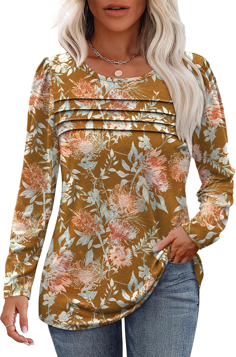 Long Sleeve Shirts for Women Dressy Casual Blouses Trendy Pleated Tunic Tops - Picture 110 of 144