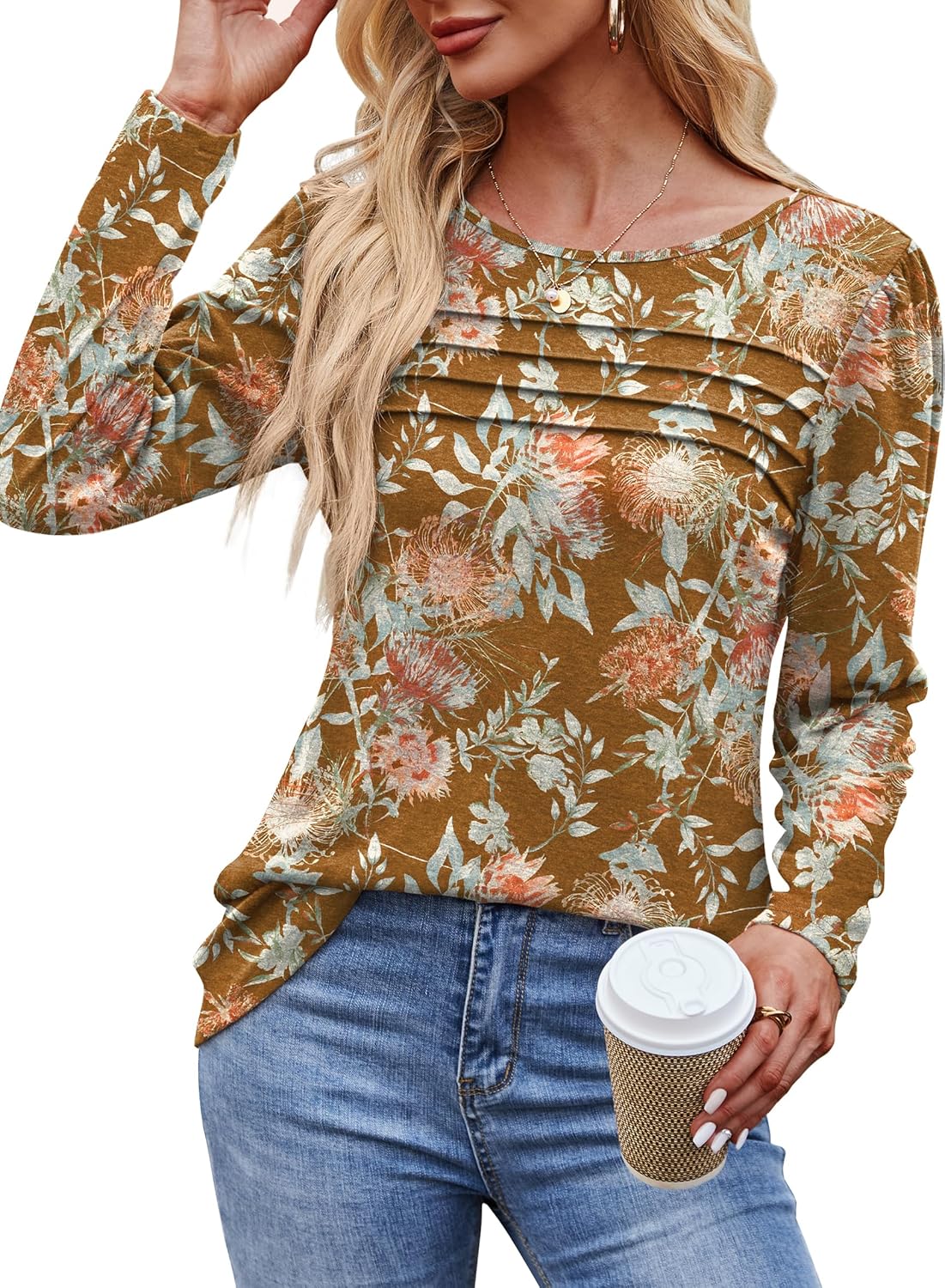 Long Sleeve Shirts for Women Dressy Casual Blouses Trendy Pleated Tunic Tops - Picture 111 of 144