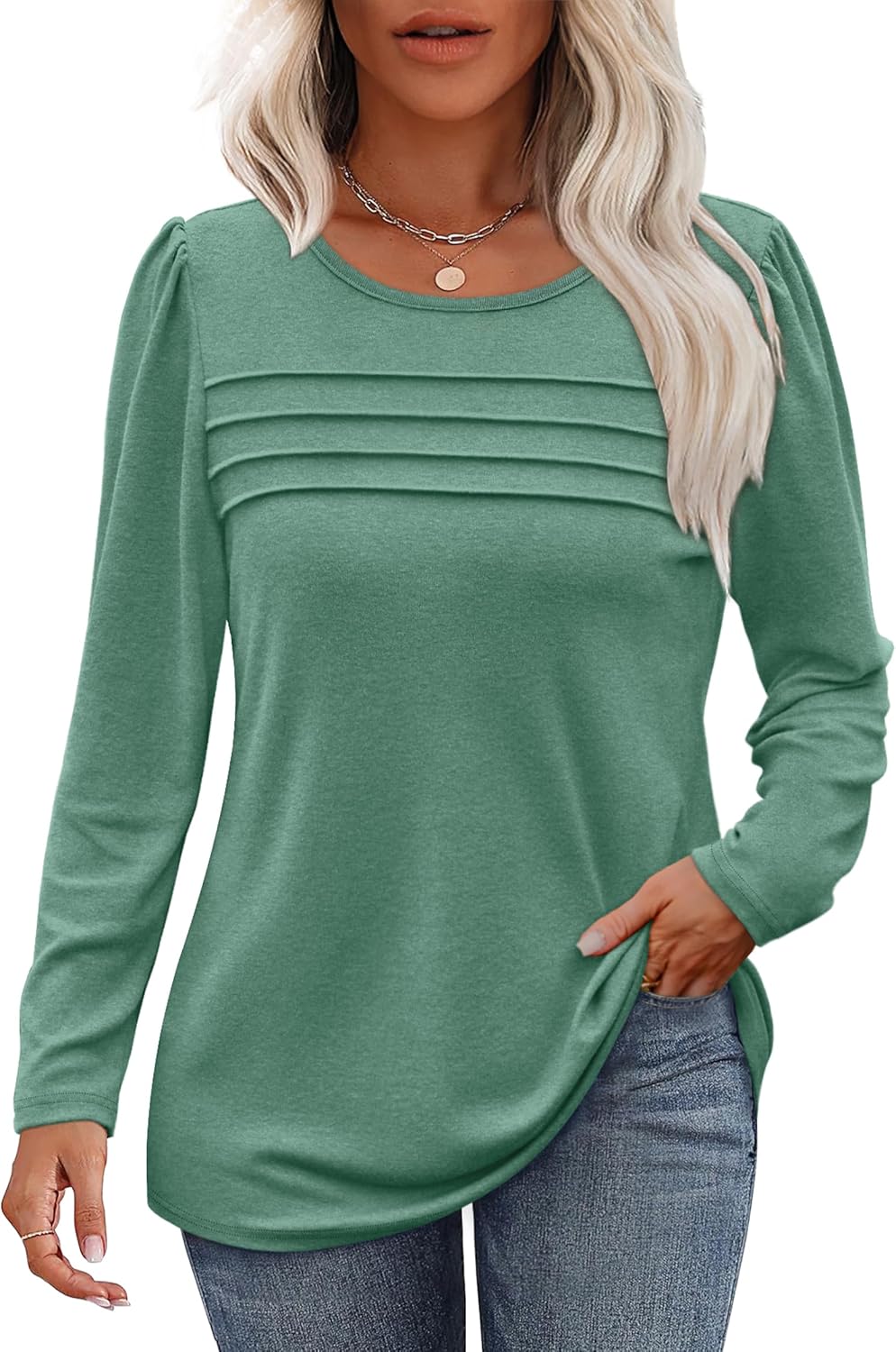 Long Sleeve Shirts for Women Dressy Casual Blouses Trendy Pleated Tunic Tops - Picture 115 of 144