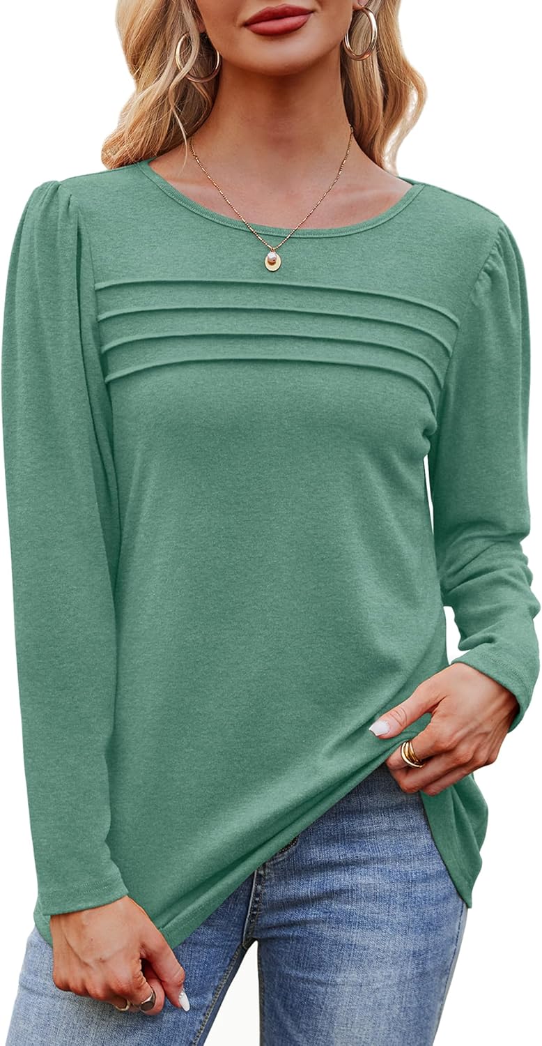 Long Sleeve Shirts for Women Dressy Casual Blouses Trendy Pleated Tunic Tops - Picture 118 of 144