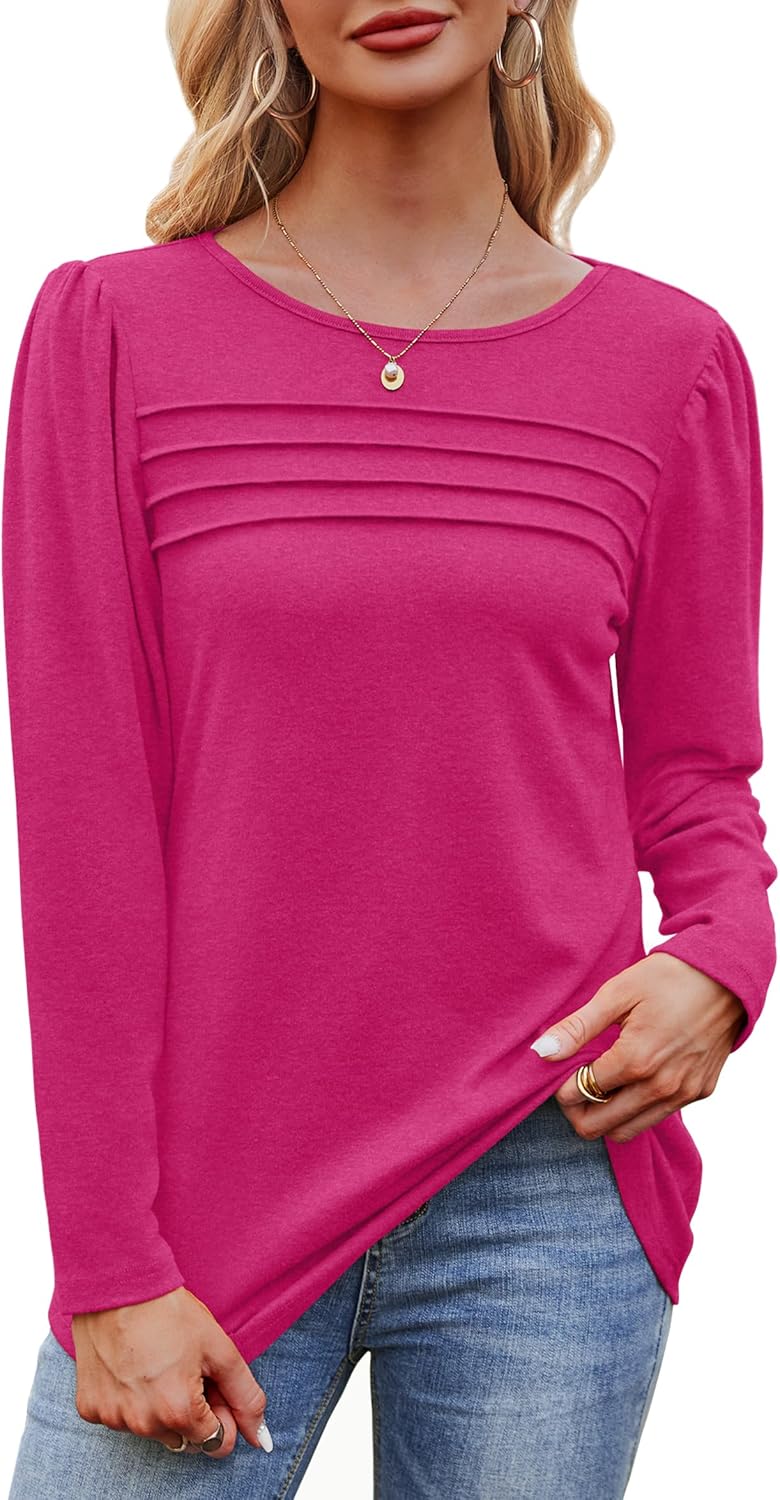 Long Sleeve Shirts for Women Dressy Casual Blouses Trendy Pleated Tunic Tops - Picture 123 of 144