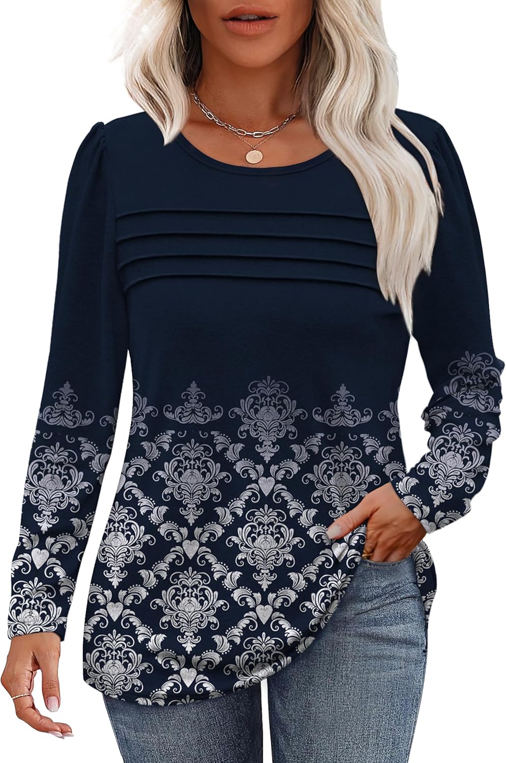 Long Sleeve Shirts for Women Dressy Casual Blouses Trendy Pleated Tunic Tops - Picture 125 of 144