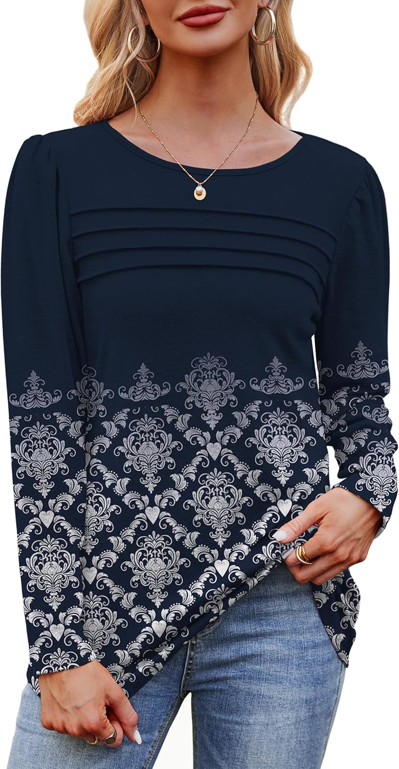 Long Sleeve Shirts for Women Dressy Casual Blouses Trendy Pleated Tunic Tops - Picture 128 of 144