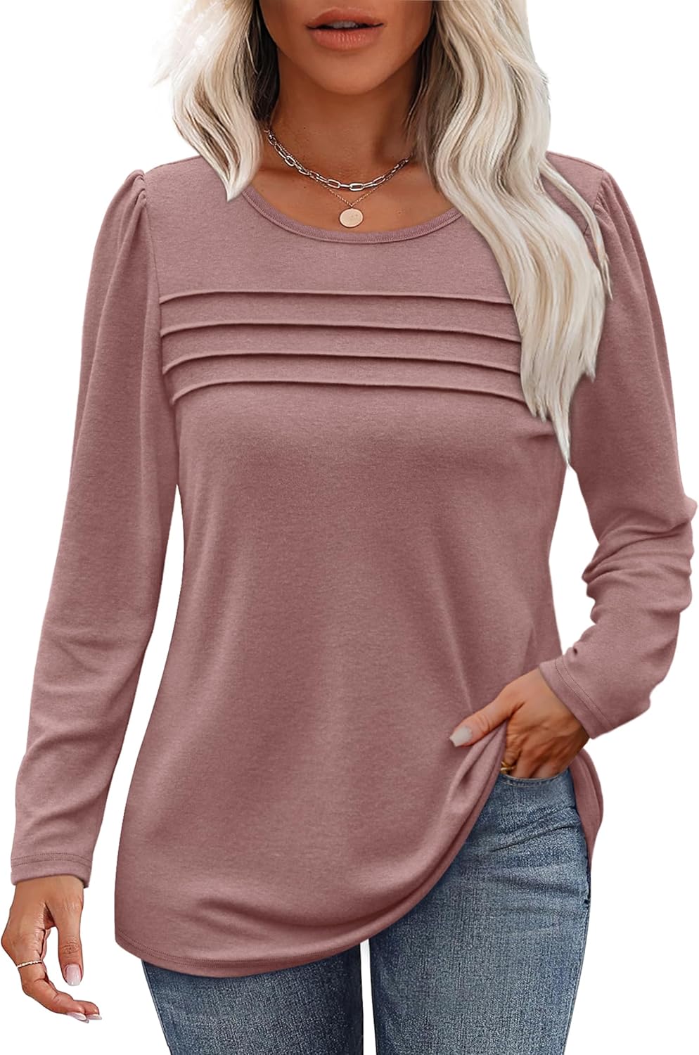 Long Sleeve Shirts for Women Dressy Casual Blouses Trendy Pleated Tunic Tops - Picture 130 of 144