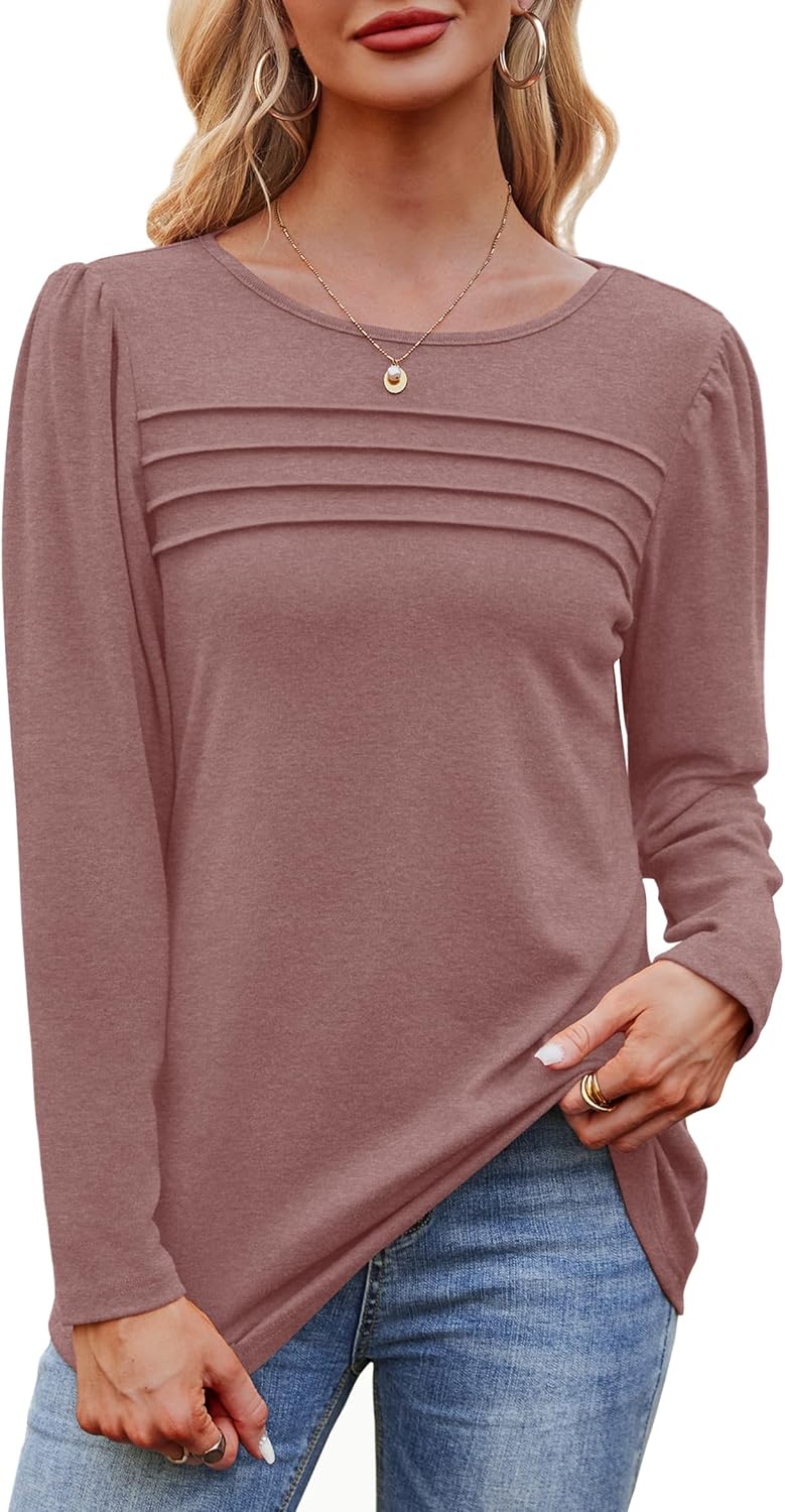 Long Sleeve Shirts for Women Dressy Casual Blouses Trendy Pleated Tunic Tops - Picture 133 of 144