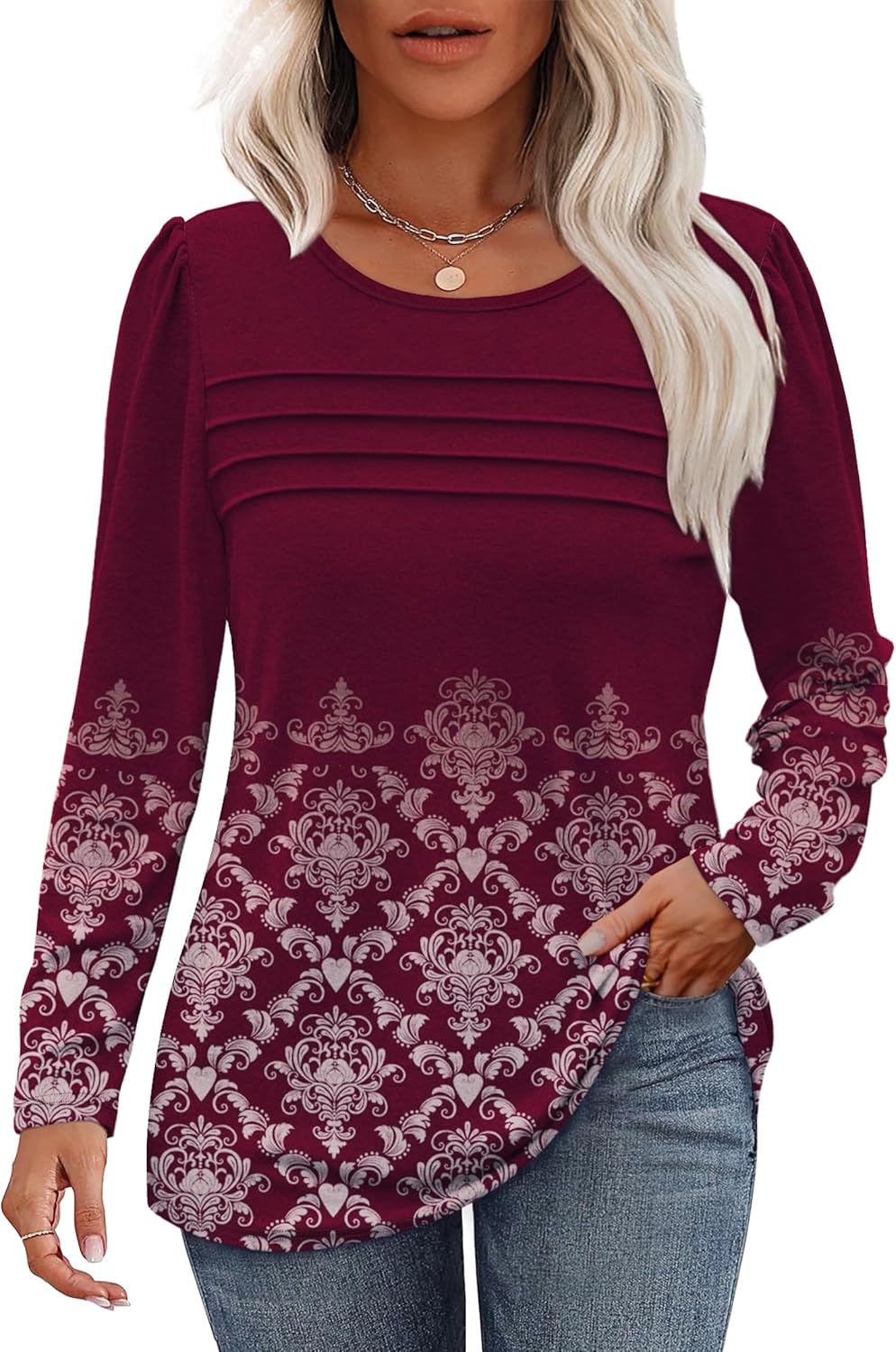 Long Sleeve Shirts for Women Dressy Casual Blouses Trendy Pleated Tunic Tops - Picture 135 of 144
