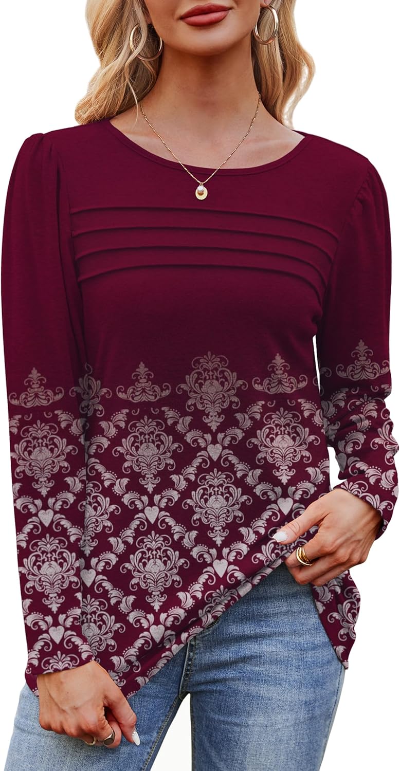 Long Sleeve Shirts for Women Dressy Casual Blouses Trendy Pleated Tunic Tops - Picture 138 of 144