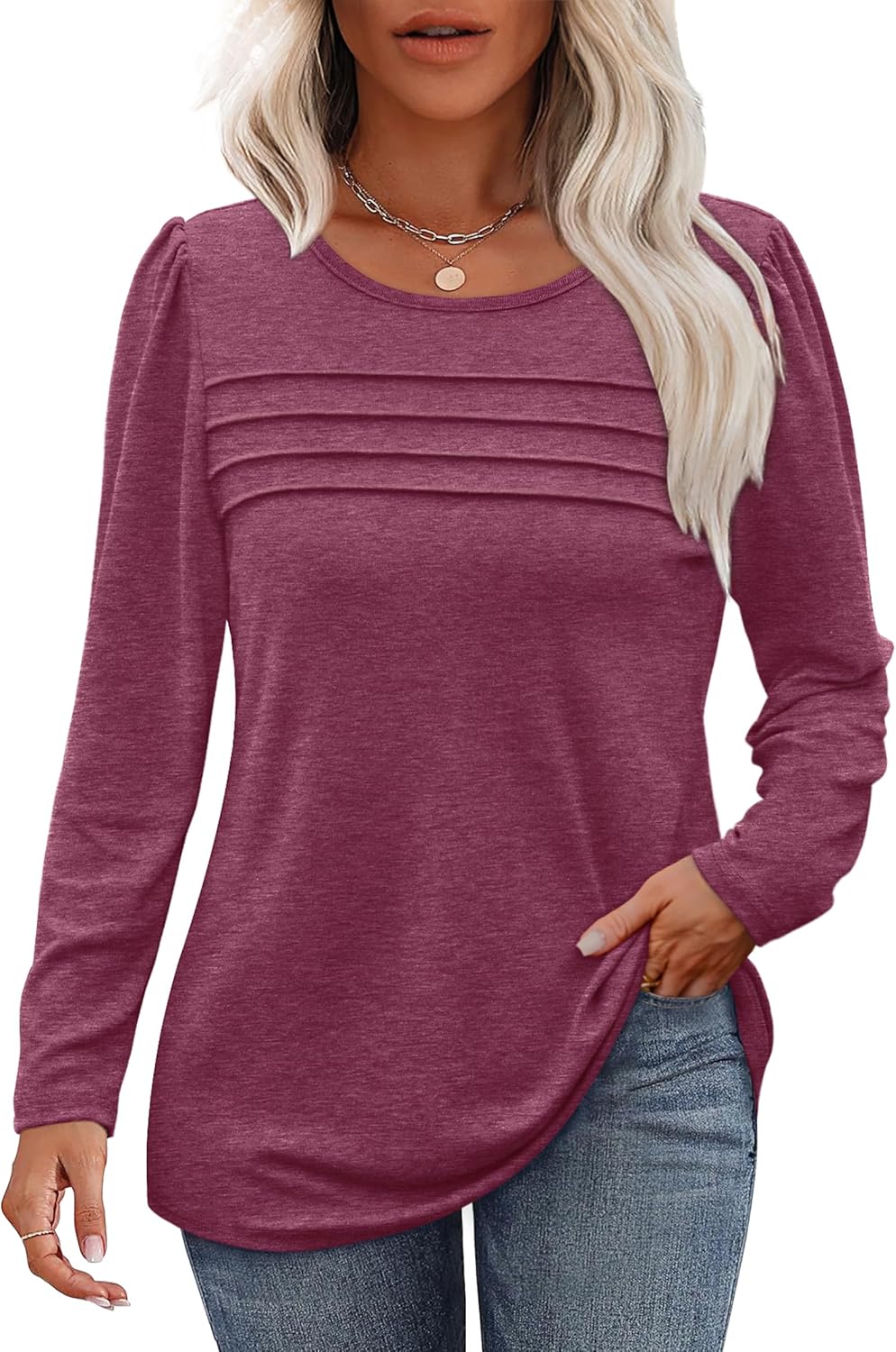 Long Sleeve Shirts for Women Dressy Casual Blouses Trendy Pleated Tunic Tops - Picture 140 of 144