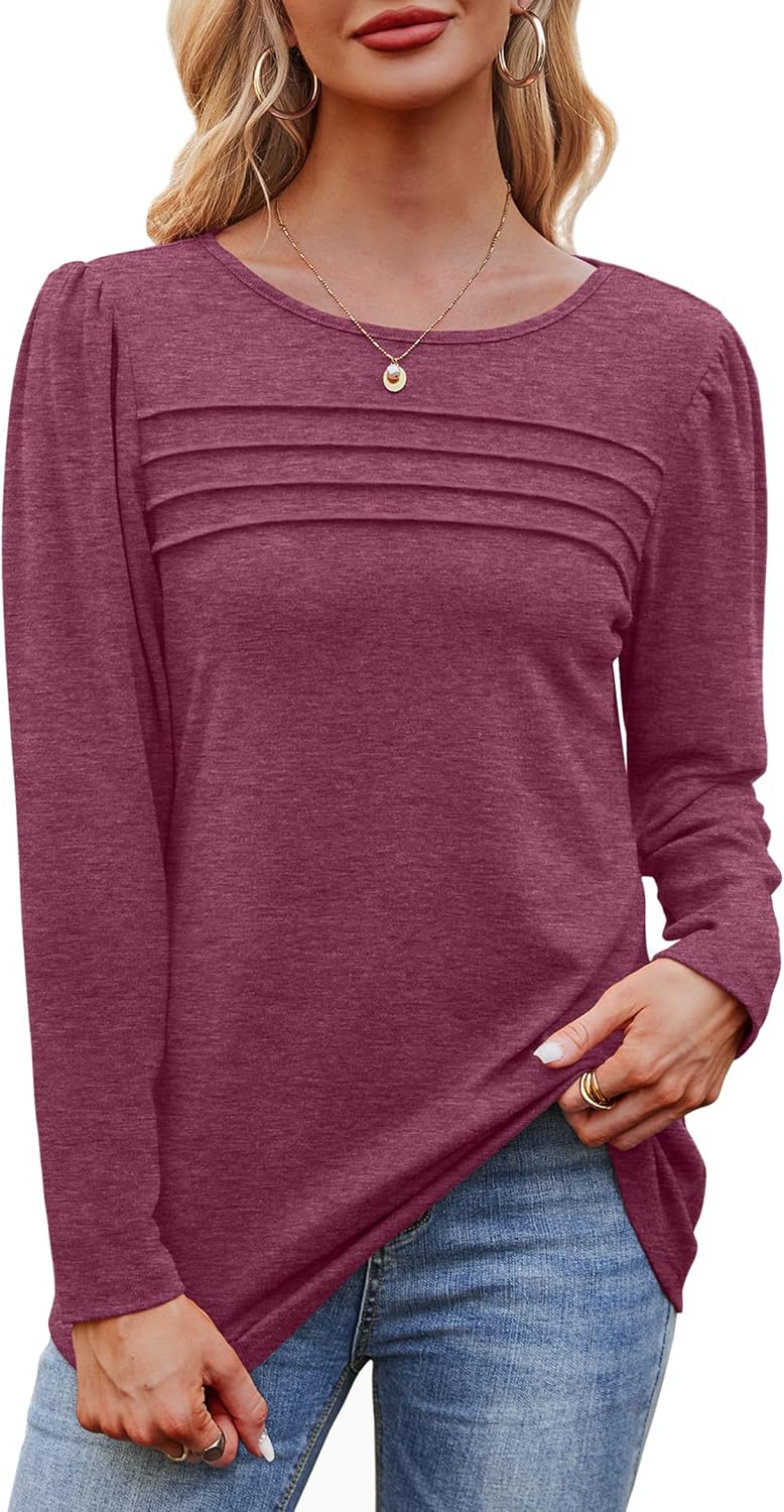 Long Sleeve Shirts for Women Dressy Casual Blouses Trendy Pleated Tunic Tops - Picture 143 of 144