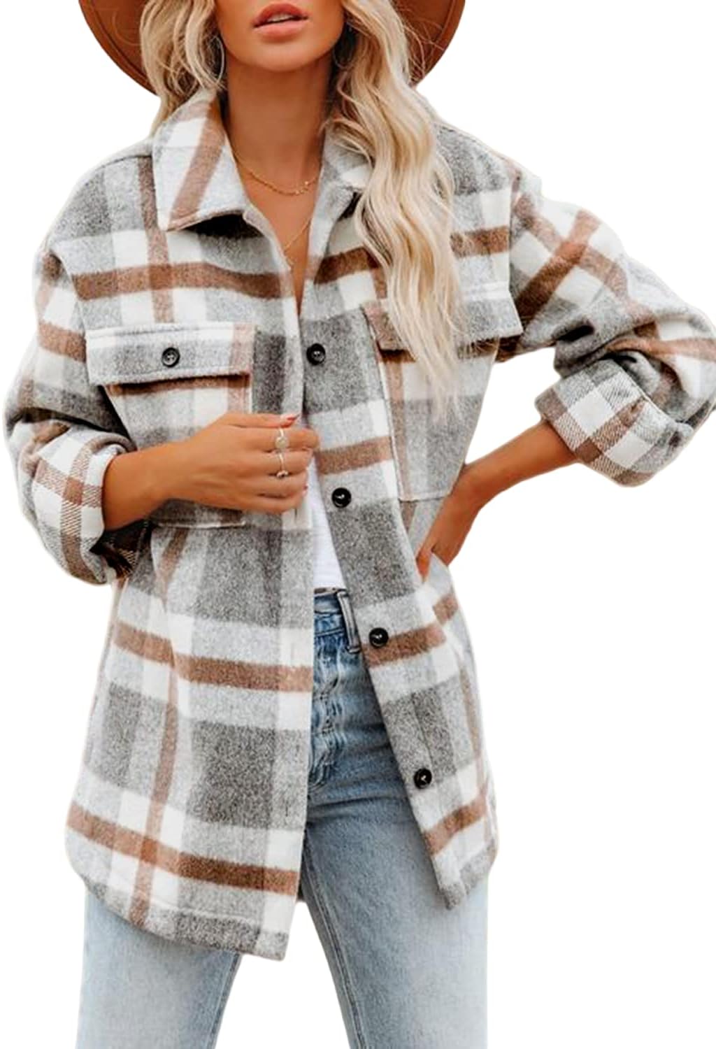 Women's Flannel Plaid Shacket Long Sleeve Button Down Shirts Jacket Coats - Picture 21 of 146