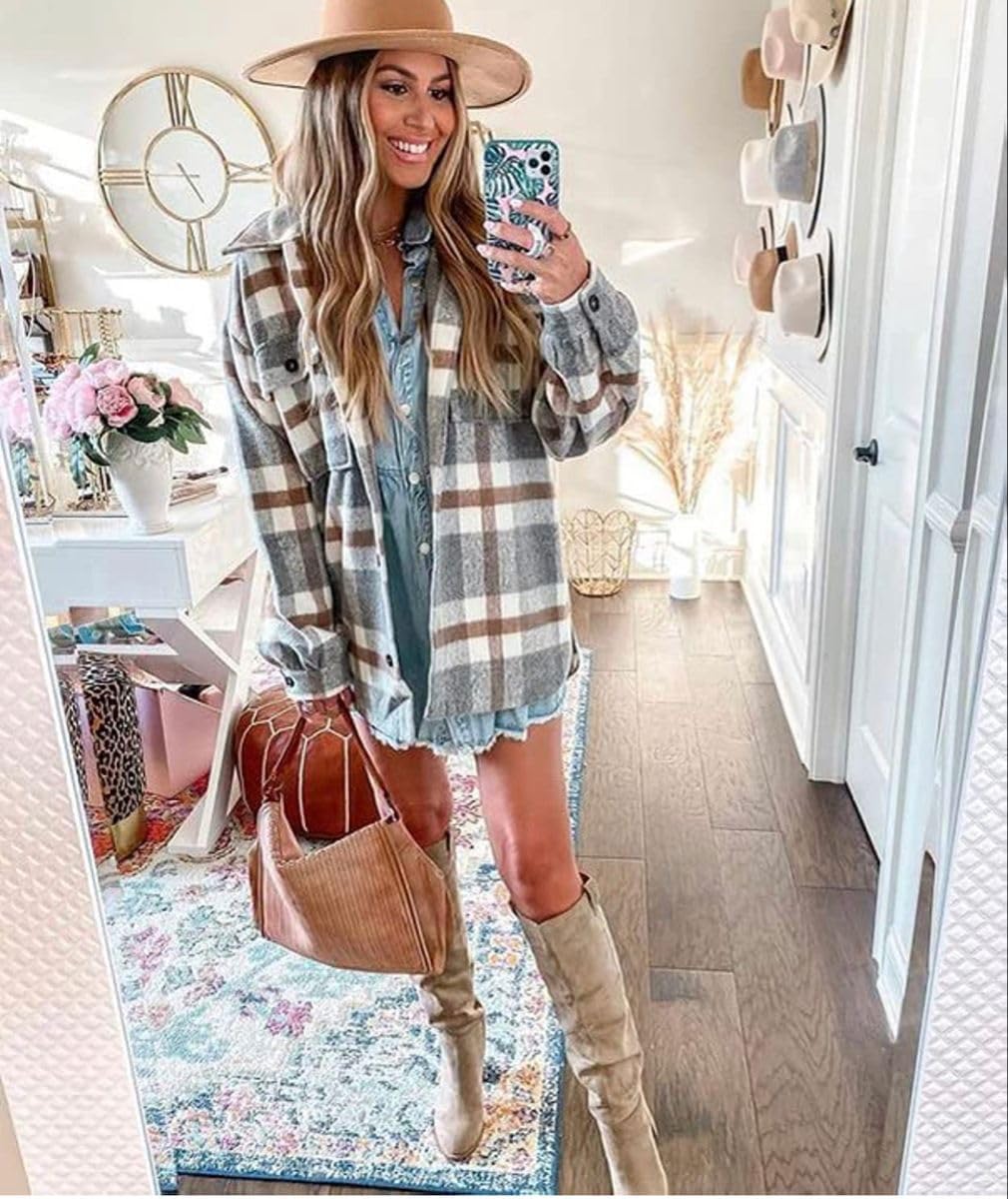 Women's Flannel Plaid Shacket Long Sleeve Button Down Shirts Jacket Coats - Picture 24 of 146
