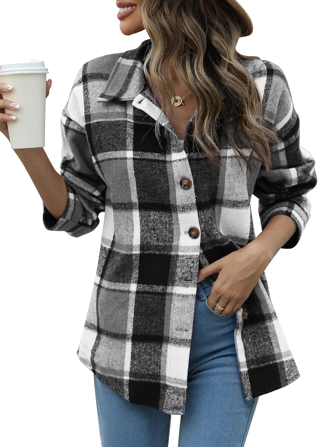 Women's Flannel Plaid Shacket Long Sleeve Button Down Shirts Jacket Coats - Picture 27 of 146