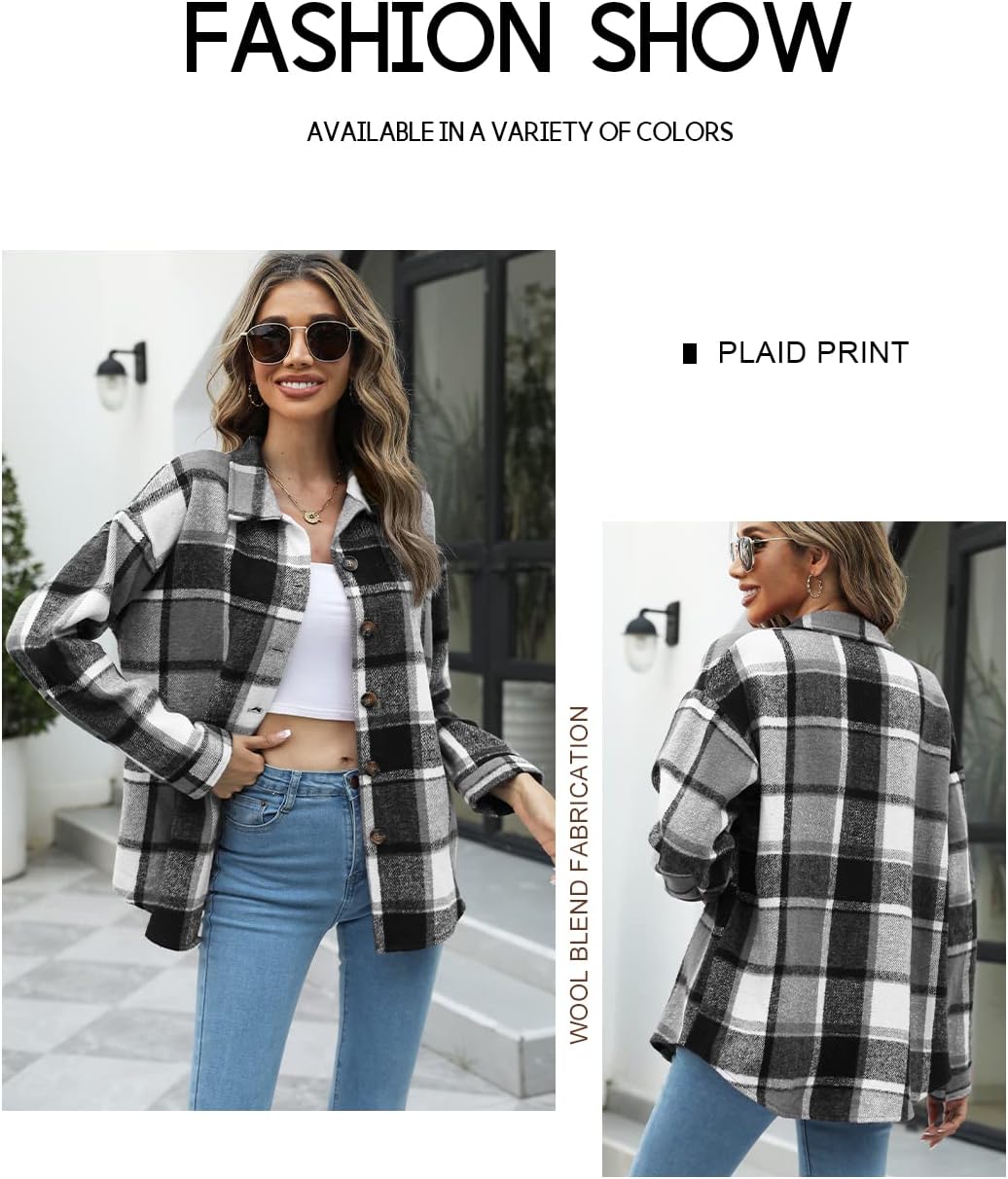 Women's Flannel Plaid Shacket Long Sleeve Button Down Shirts Jacket Coats - Picture 29 of 146