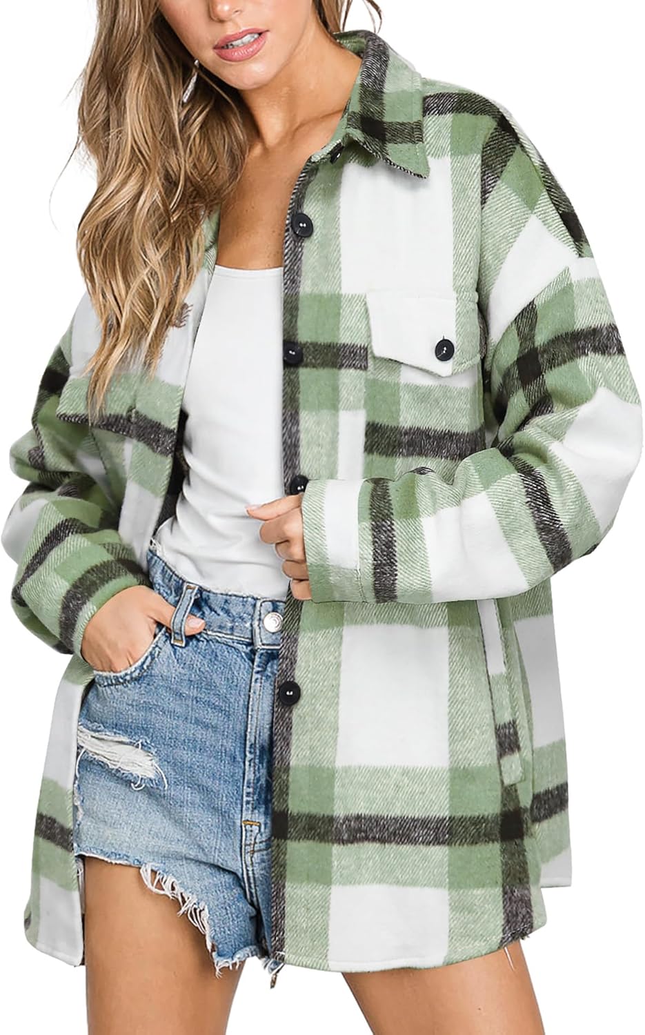 Women's Flannel Plaid Shacket Long Sleeve Button Down Shirts Jacket Coats - Picture 32 of 146