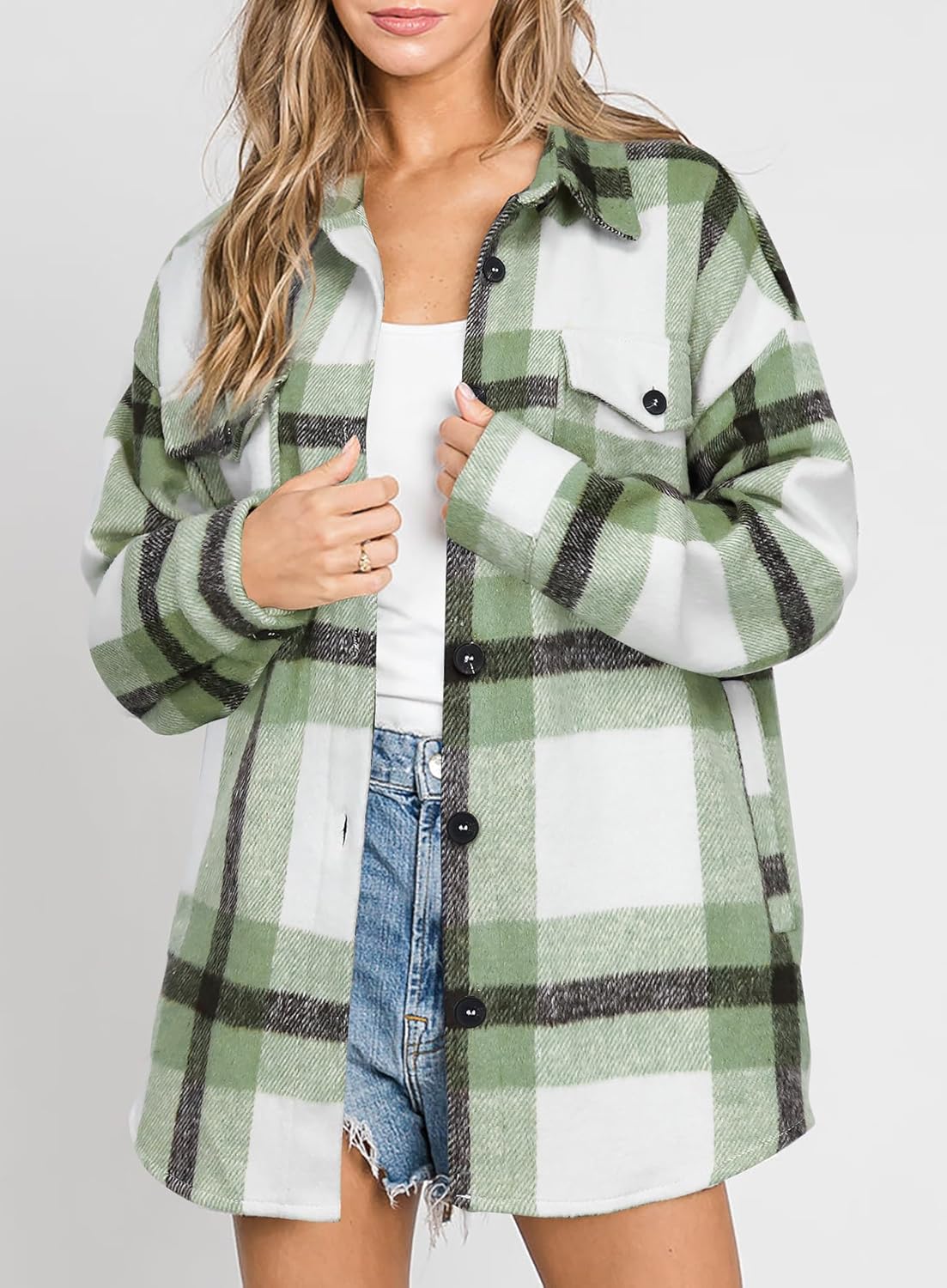 Women's Flannel Plaid Shacket Long Sleeve Button Down Shirts Jacket Coats - Picture 33 of 146