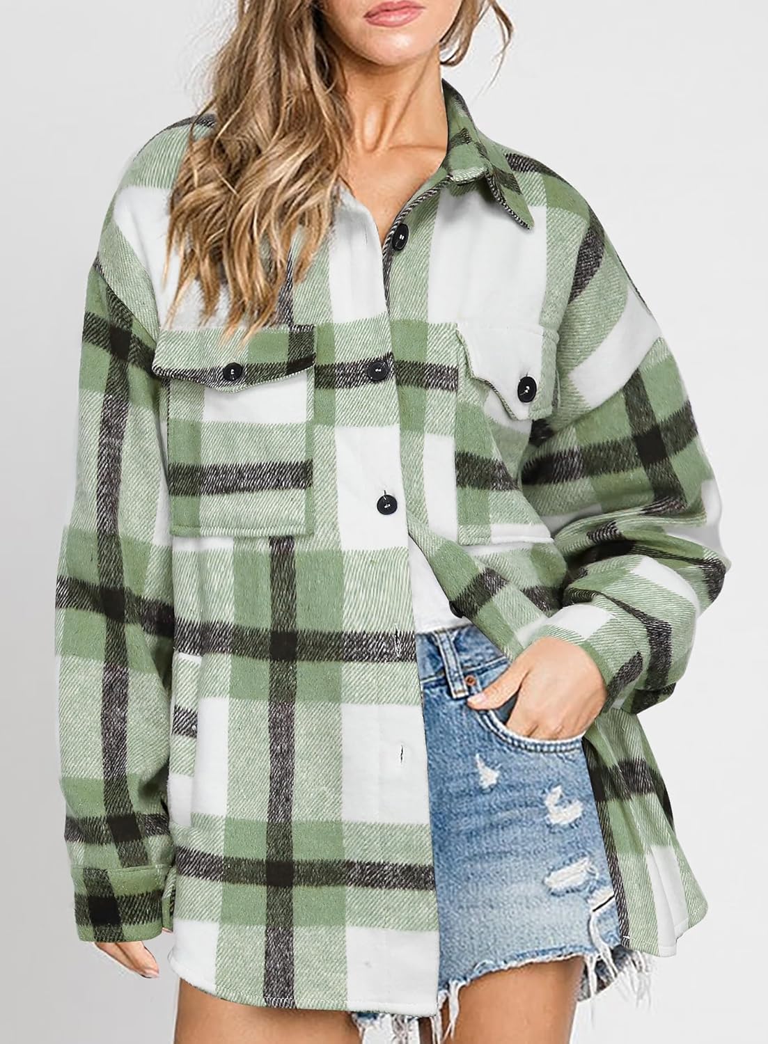 Women's Flannel Plaid Shacket Long Sleeve Button Down Shirts Jacket Coats - Picture 34 of 146